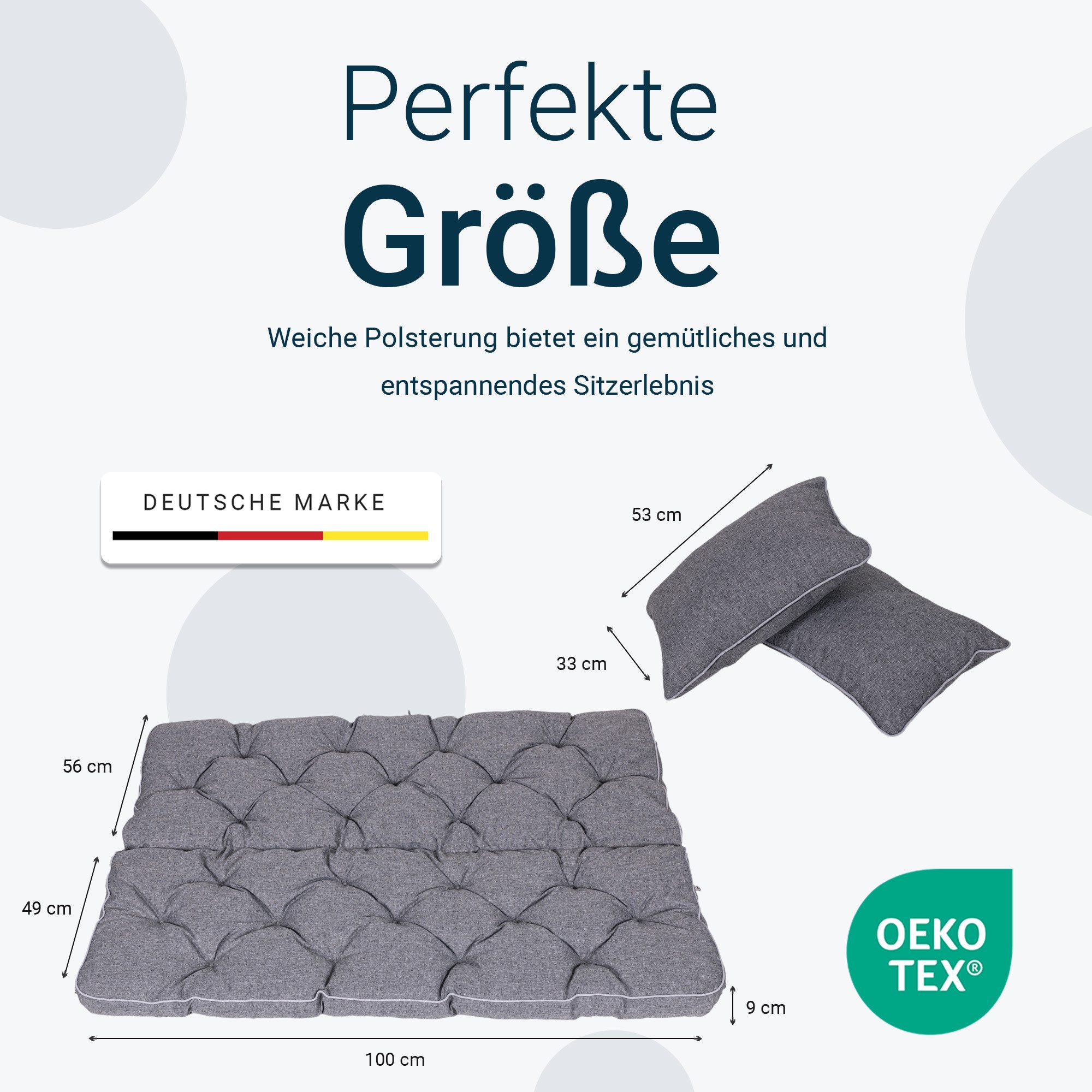 TexDeko Auflagekissen Ecolen Gartenbankauflage für Hollywoodschaukel mit Rückenlehne, (1x Gartenbankauflage für Hollywoodschaukel + 2x Kissen), UV-Beständig