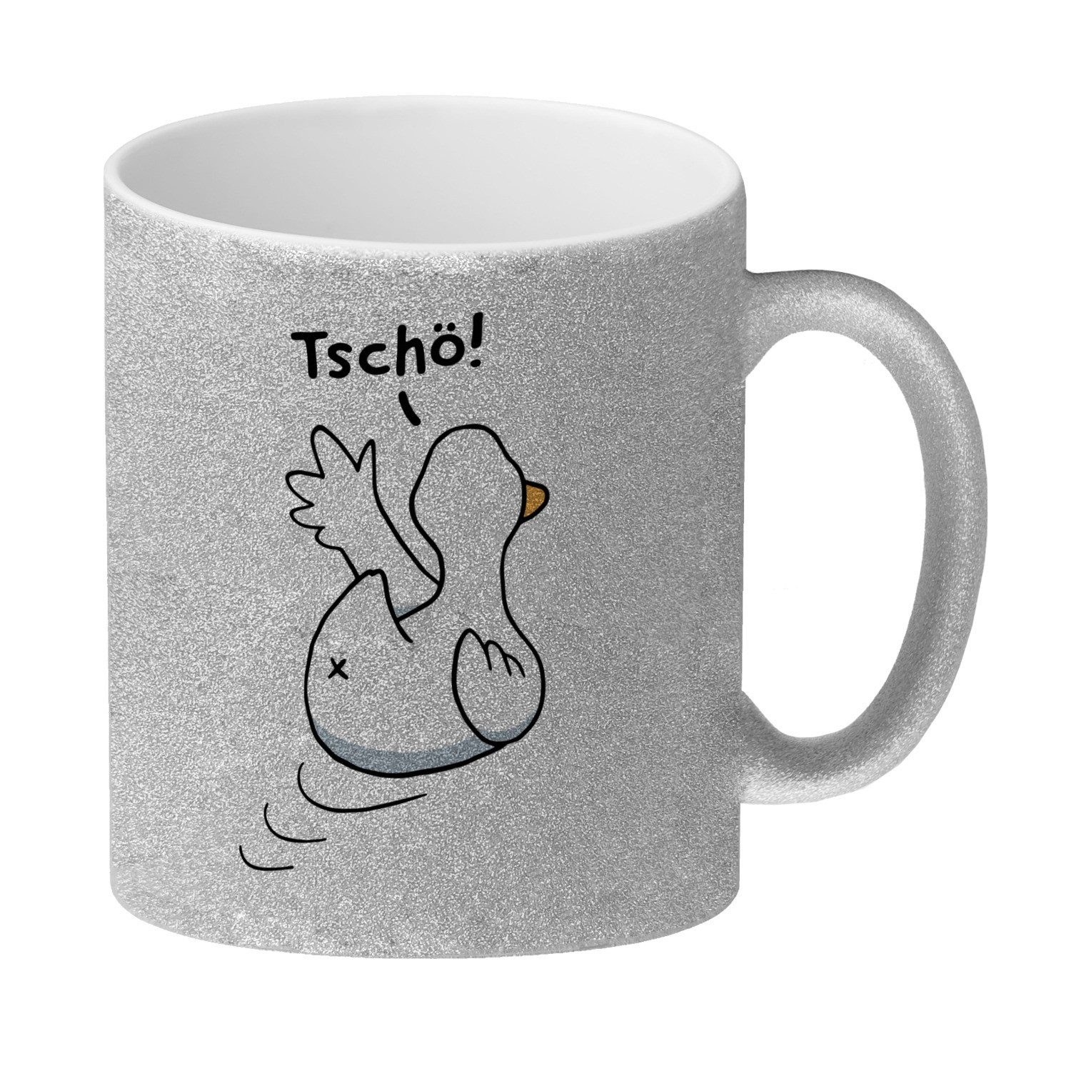 speecheese Tasse Ente winkt zum Abschied GlitzerKaffeebecher mit Spruch Tschö