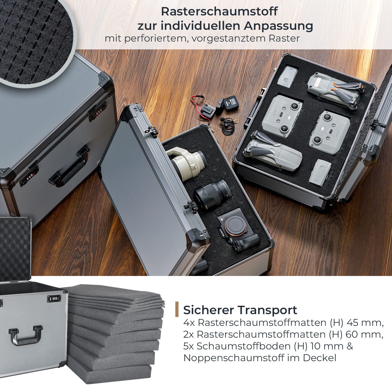 HMF Kameratasche Alu Fotokoffer, Miniaturenkoffer mit Rasterschaumstoff, Kamerakoffer mit zwei 3er Zahlenkombinationsschlössen, 46 x 33 x 41 cm