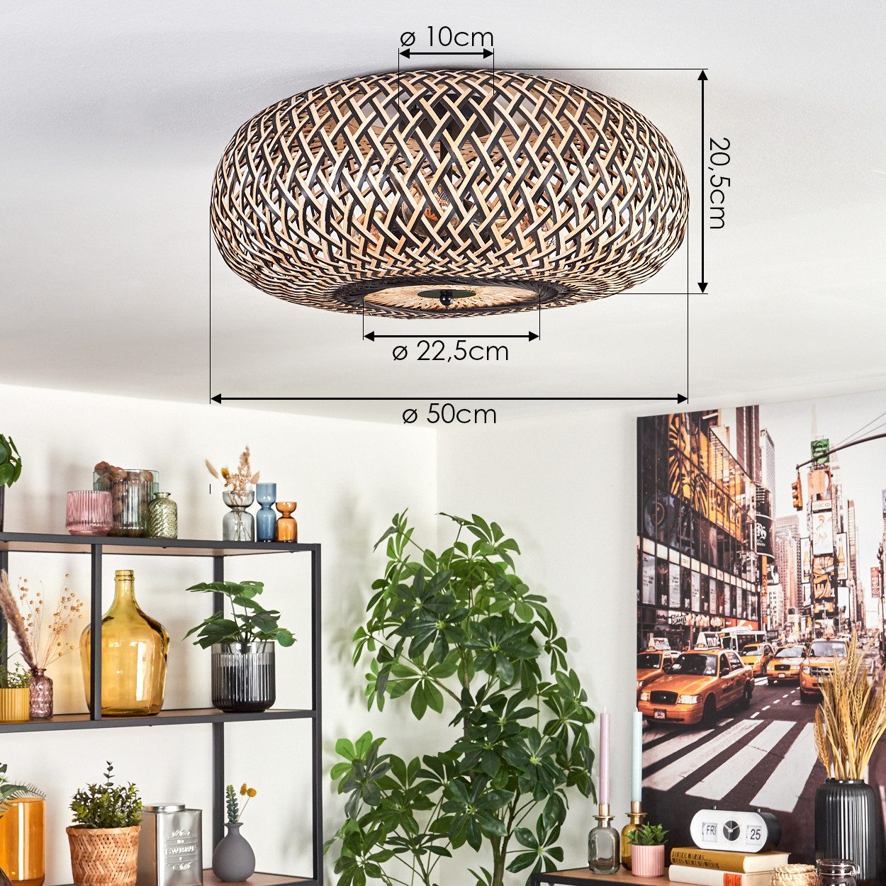 hofstein Deckenleuchte Deckenlampe aus Metall/Bambus in Schwarz/Natur, ohne Leuchtmittel, Boho-Style, skandinavisches Design, Schirm Ø 50cm, Lichteffekt, 3x E27