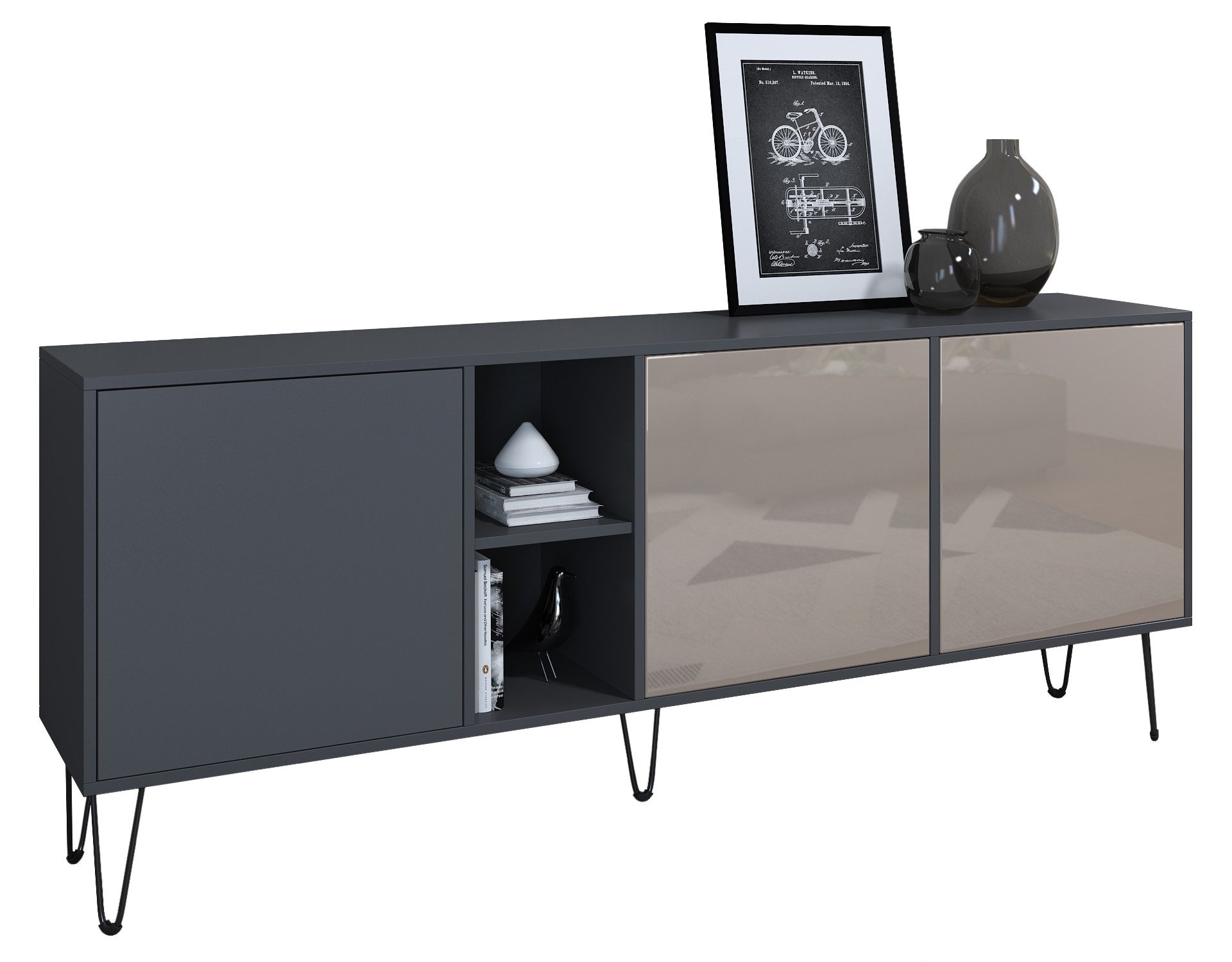 Vladon Sideboard Havana (TV-Schrank mit 3 Türen und 2 offene Fächer, Kommode Made in Germany), Anthrazit matt / Sandgrau Hochglanz (181,5 x 73 x 35 cm)