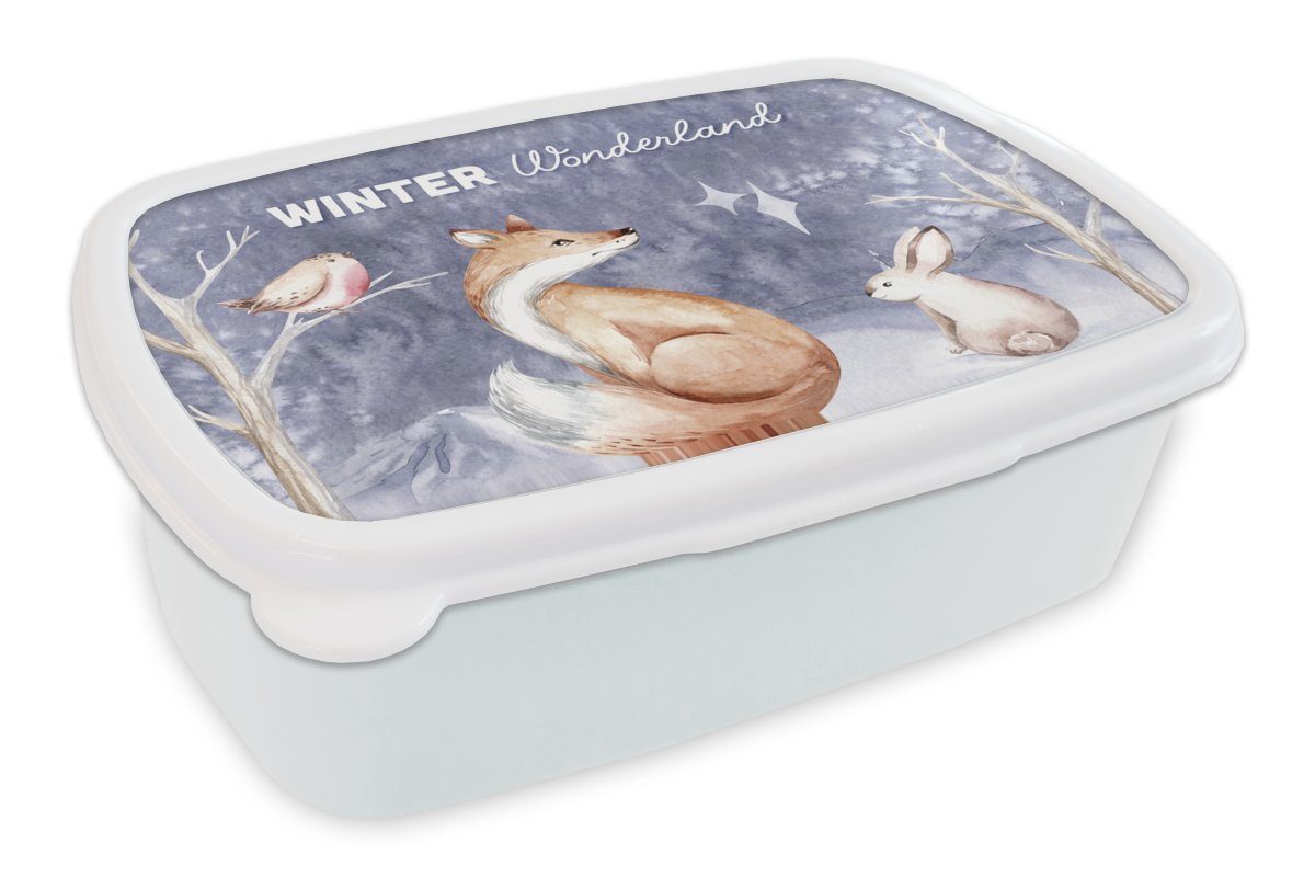 MuchoWow Lunchbox Winter - Fuchs - Vogel - Kaninchen, Kunststoff, (2-tlg), Brotbox für Kinder und Erwachsene, Brotdose, für Jungs und Mädchen weiß