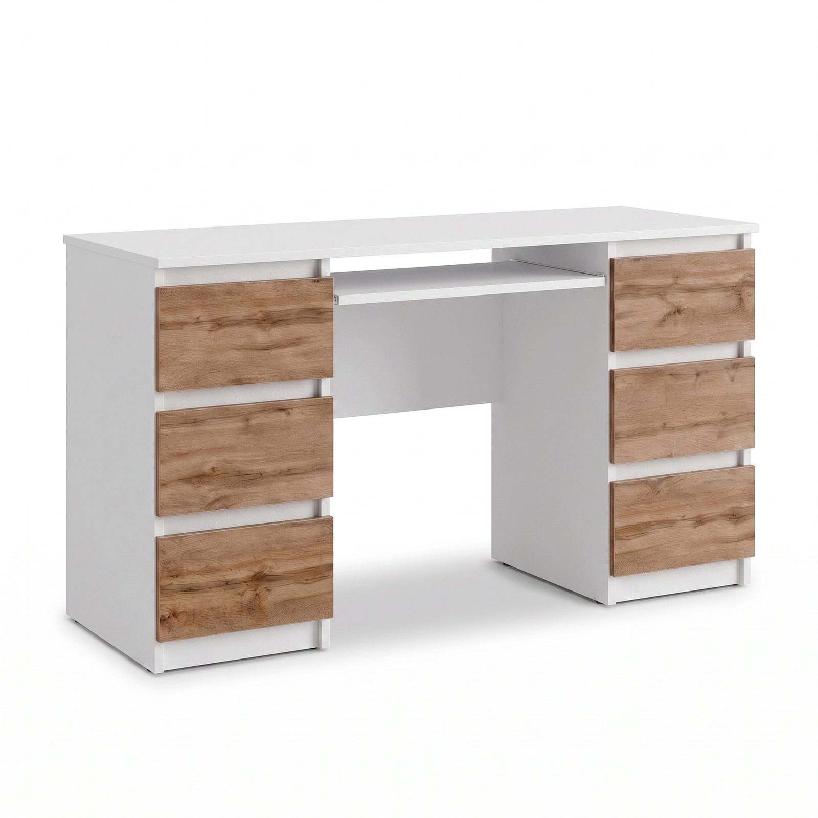 Furnica Schreibtisch CUBA – 130cm Schreibtisch mit 6 Schubladen - Weiß Matt / Wotan Eiche