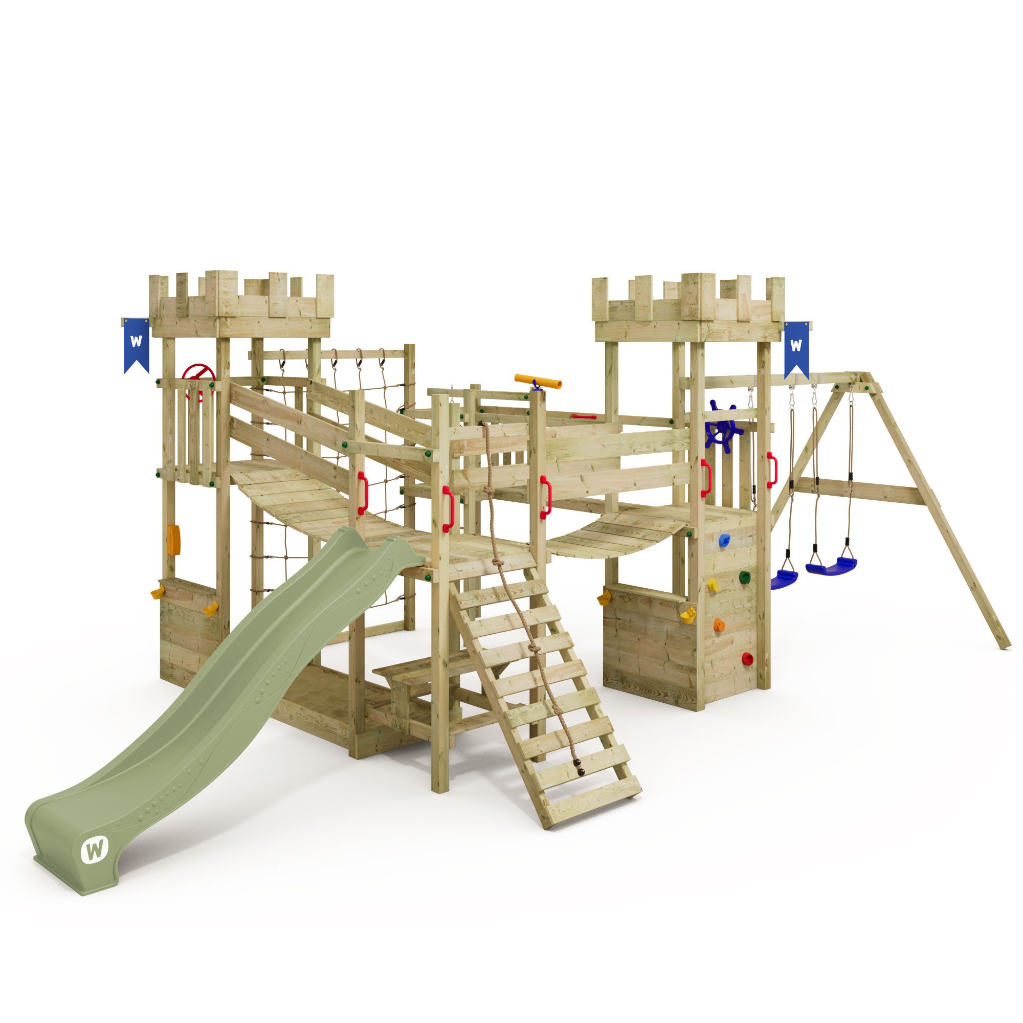 Wickey Klettergerüst Smart Arch – Ritterburg-Spielturm mit Wackelbrücke, Rutsche & Schaukel, (Kletterturm in Burg-Optik mit Kletternetz & Kletterseil, Abenteuer-Spielhaus für kleine Ritter & Prinzessinnen), Unvergessliche Abenteuer für Kinder & 10 Jahre Garantie*