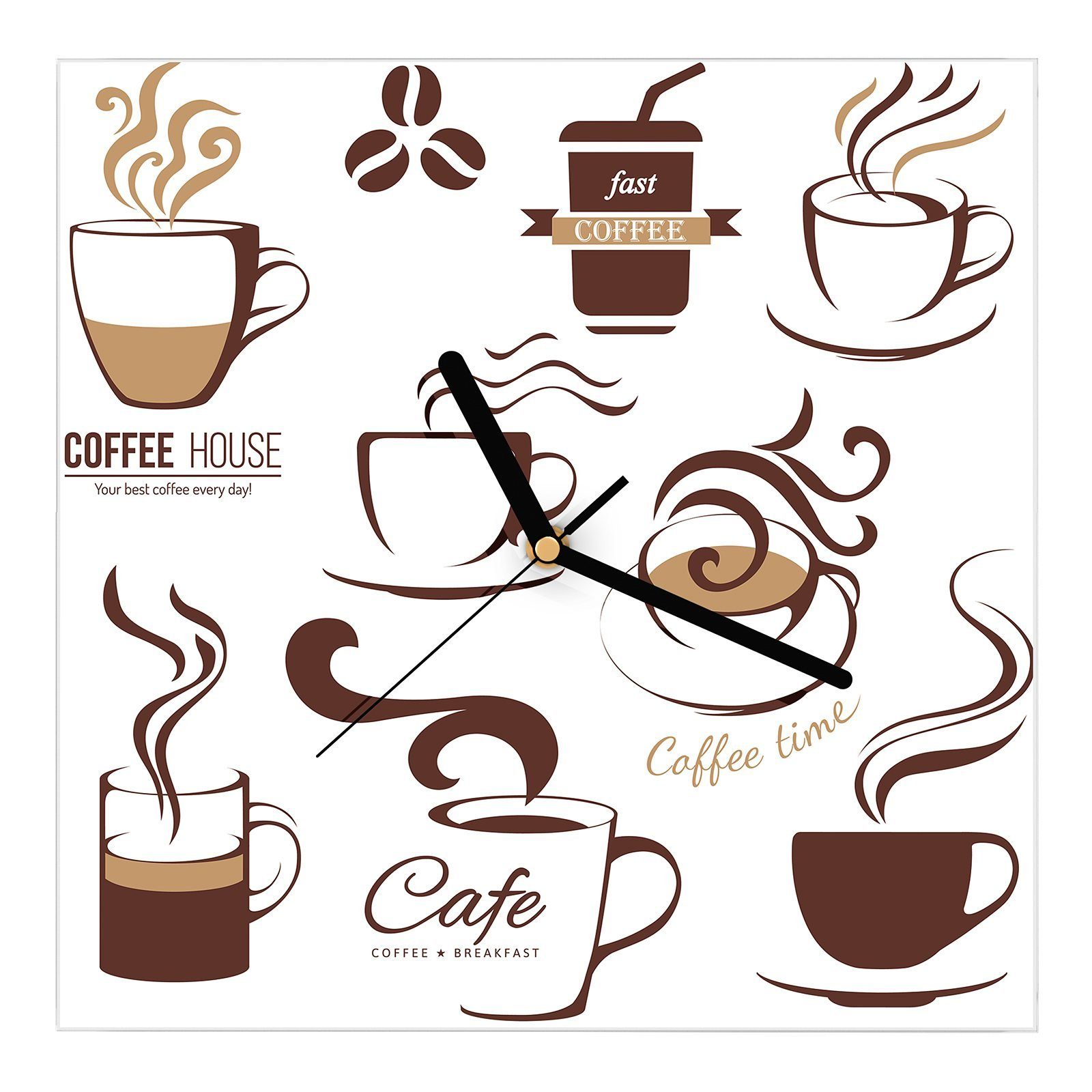 Primedeco Wanduhr Glasuhr Wanduhr Wandkunst Größe 30 x 30 cm mit Motiv Illustration Kaffeehaus