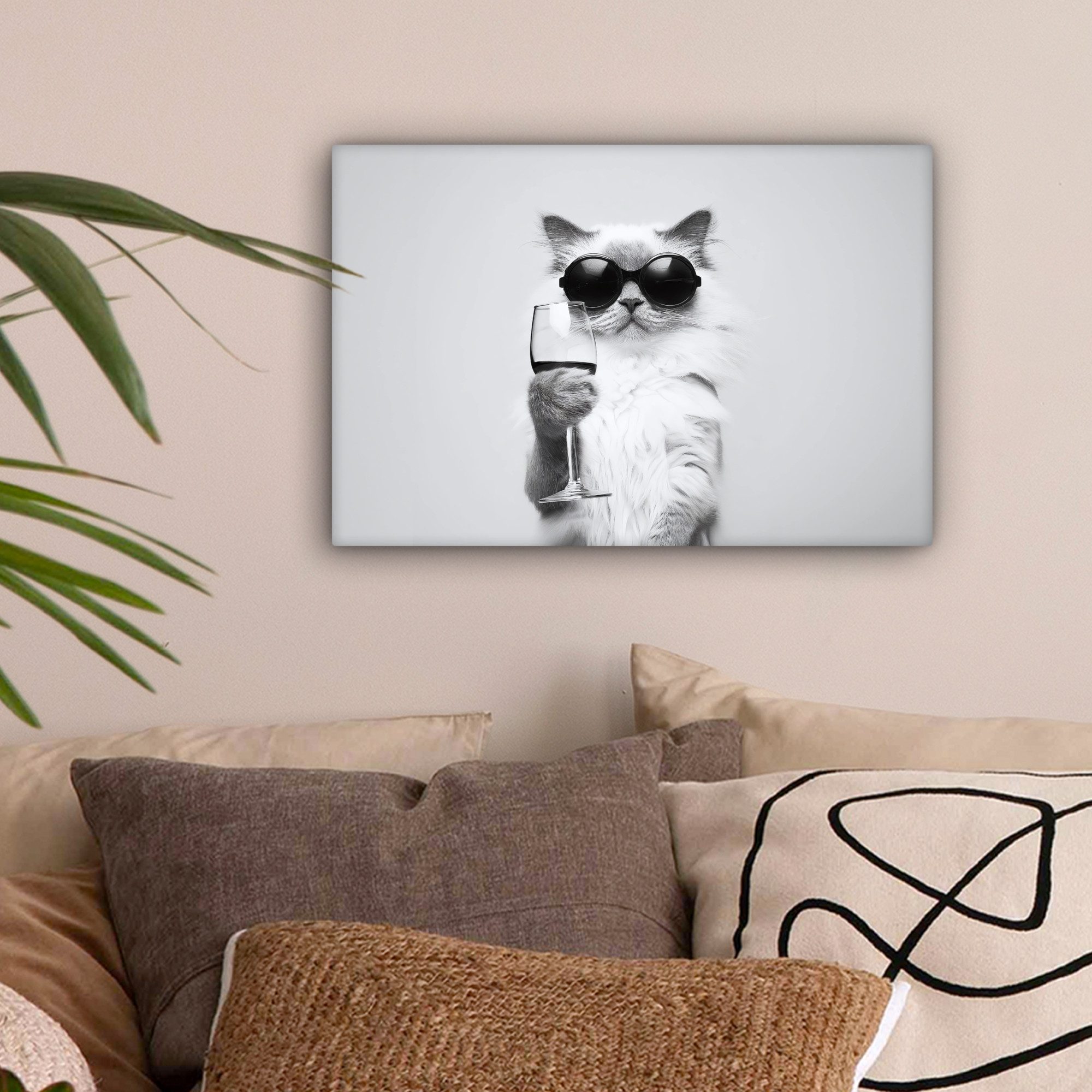 OneMillionCanvasses® Leinwandbild Katze - Sonnenbrille - Weinglas - Langhaa günstig online kaufen
