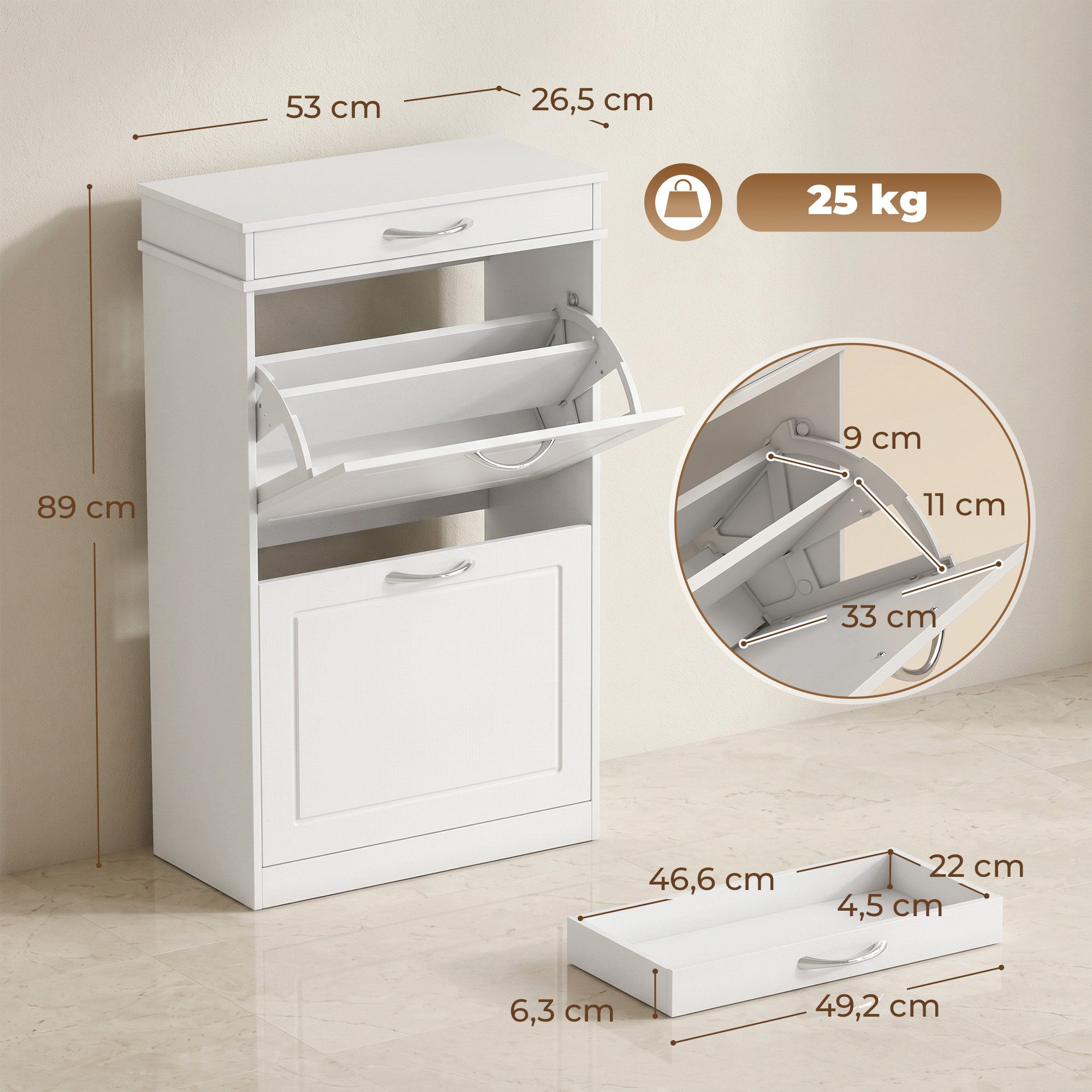 HOMCOM Schuhkipper Schuhschrank Schuhregal mit 2 Klappen für 8 Paar Schuhe (Schuhaufbewahrung, 1 St., 1), für Flur Eingang Wohnzimmer, 53 x 26,5 x 89 cm, Weiß