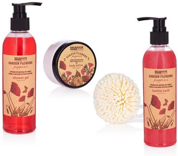 BRUBAKER Hautreinigungs-Set Bade- und Dusch Set Mohnblumen Duft, 7-tlg., Frauen Geschenkset im rustikalem Deko-Korb, Wellness Badeset für Damen, Beauty Pflegeset