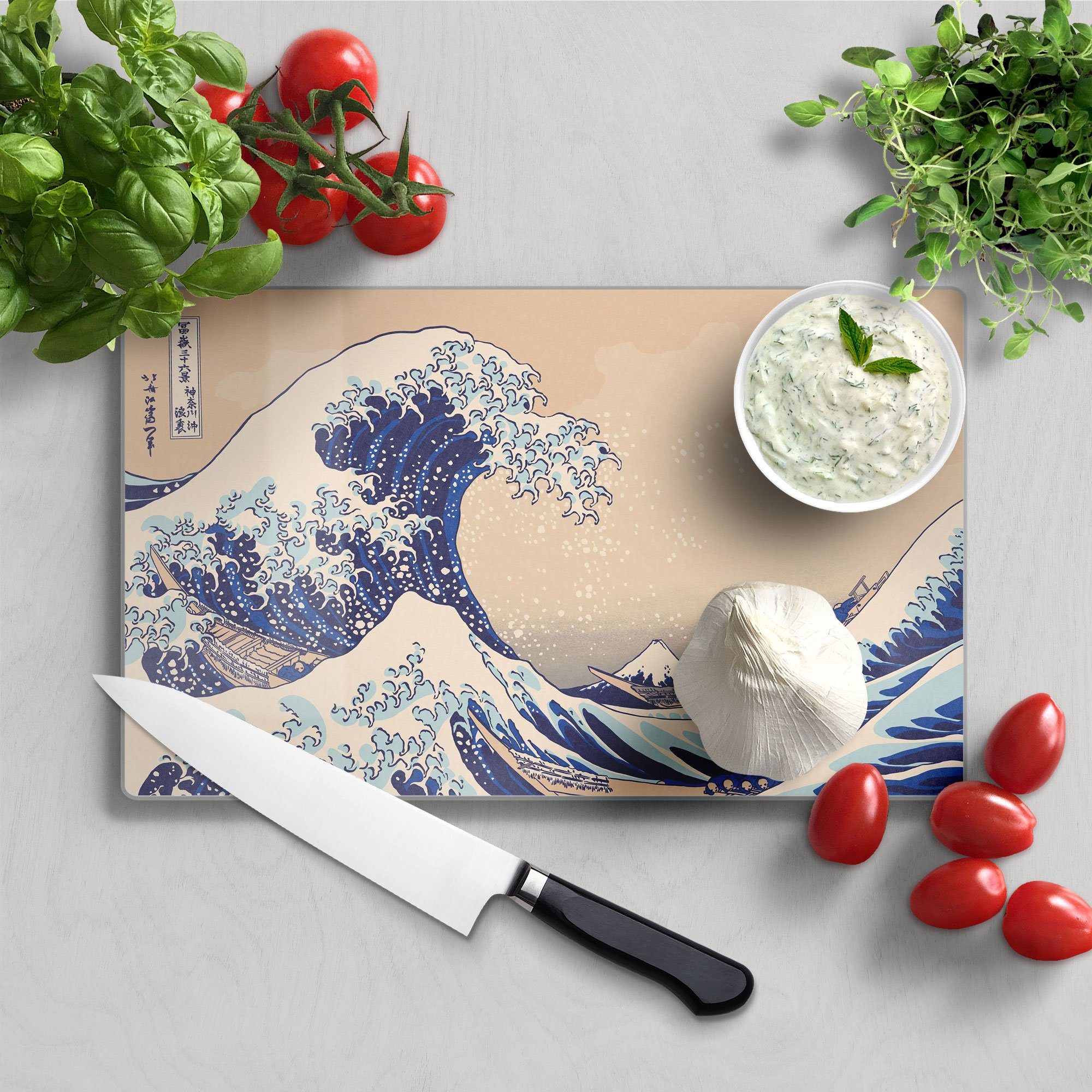 DEQORI Schneideplatte Glas, Frühstücksbrett 'Große vor Welle Kanagawa', Platte Schneidebrett
