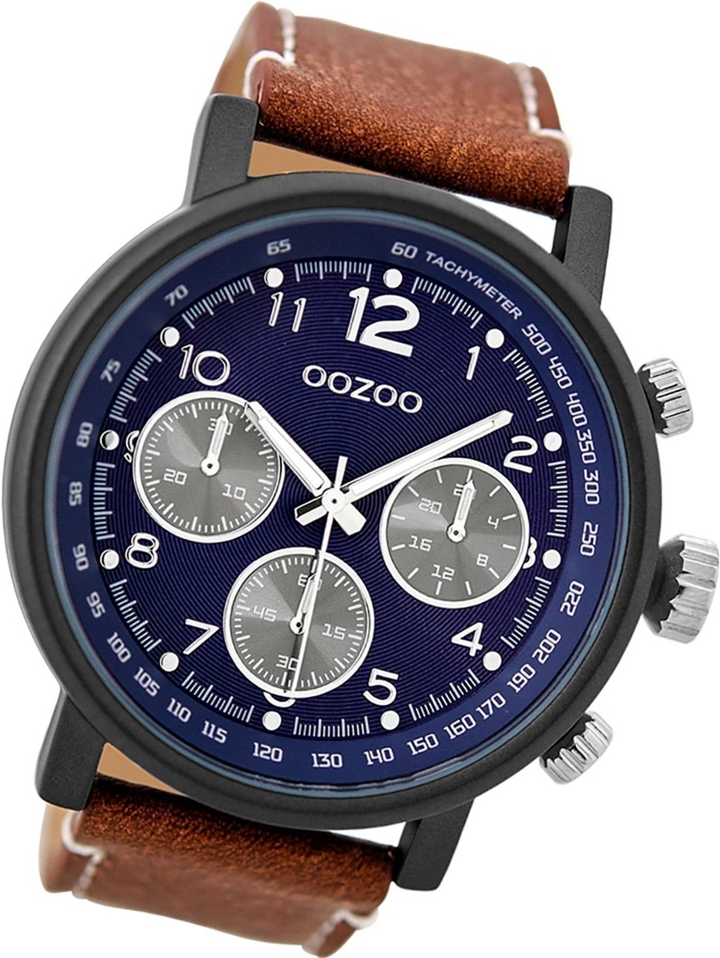 OOZOO Quarzuhr Oozoo Leder Herren Uhr C9456A Analog, Herrenuhr Lederarmband braun, rundes Gehäuse, extra groß (ca. 48mm)