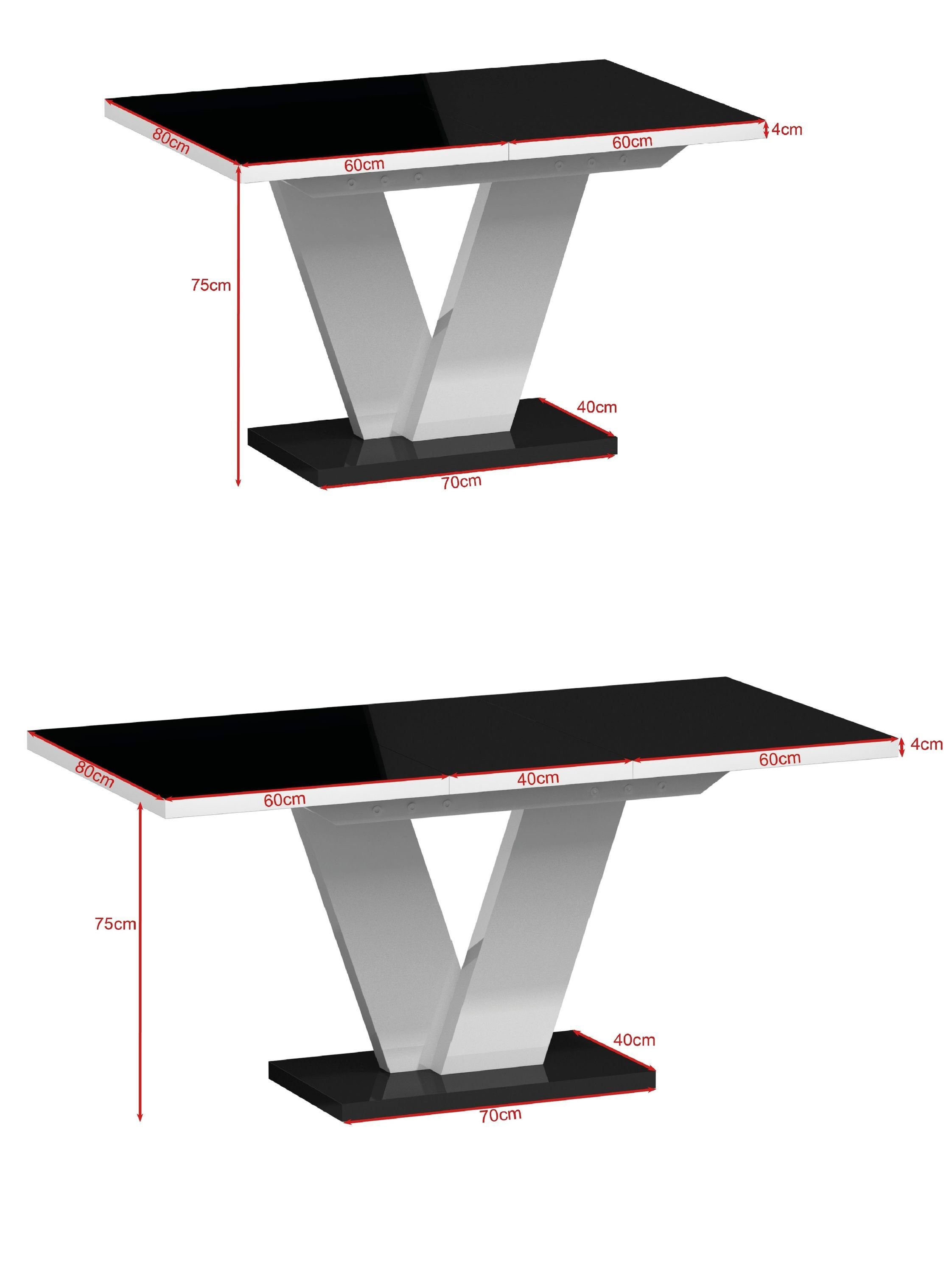 designimpex Esstisch Design 160 120 bis Eiche cm MA-333 Tisch ausziehbar Hochglanz - Lancelot matt Schwarz Esstisch