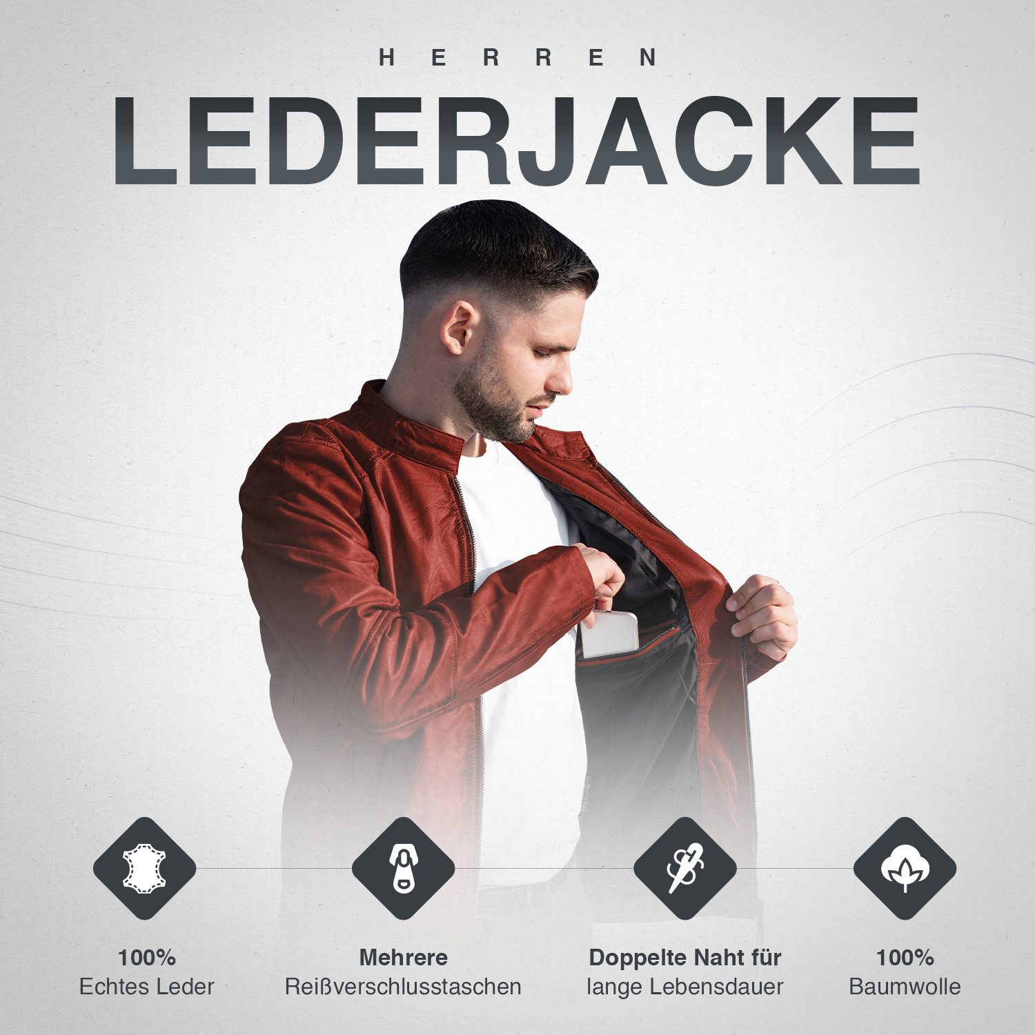 PAULGOS Lederjacke Herren Jacke Übergangsjacke Biker Look 100% Echtleder D3 – Bild 5 von 5