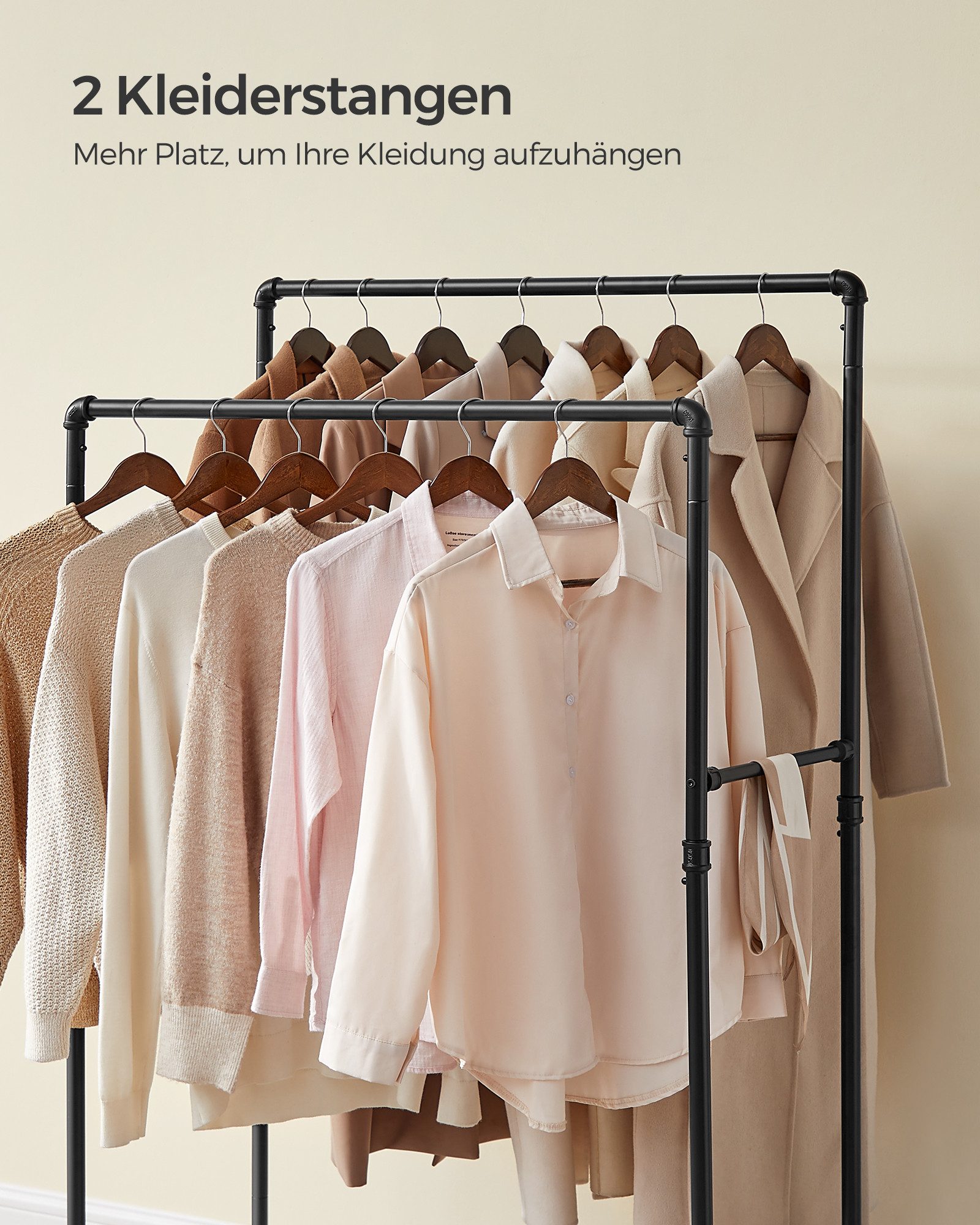 SONGMICS Kleiderständer Kleiderstange, Garderobenständer, für Ankleidezimmer, 100x59x162 cm, mit 2 Kleiderstangen und Ablage, Rollen, bis 90 kg belastbar, schwarz