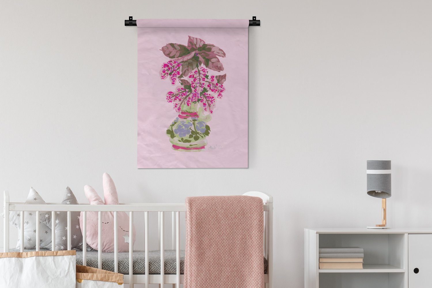 Blumen Rosa - Wand, Wanddekoobjekt Schlafzimmer für Tapisserie, Wohnzimmer, Pflanzen, Vase Deko - an MuchoWow - der