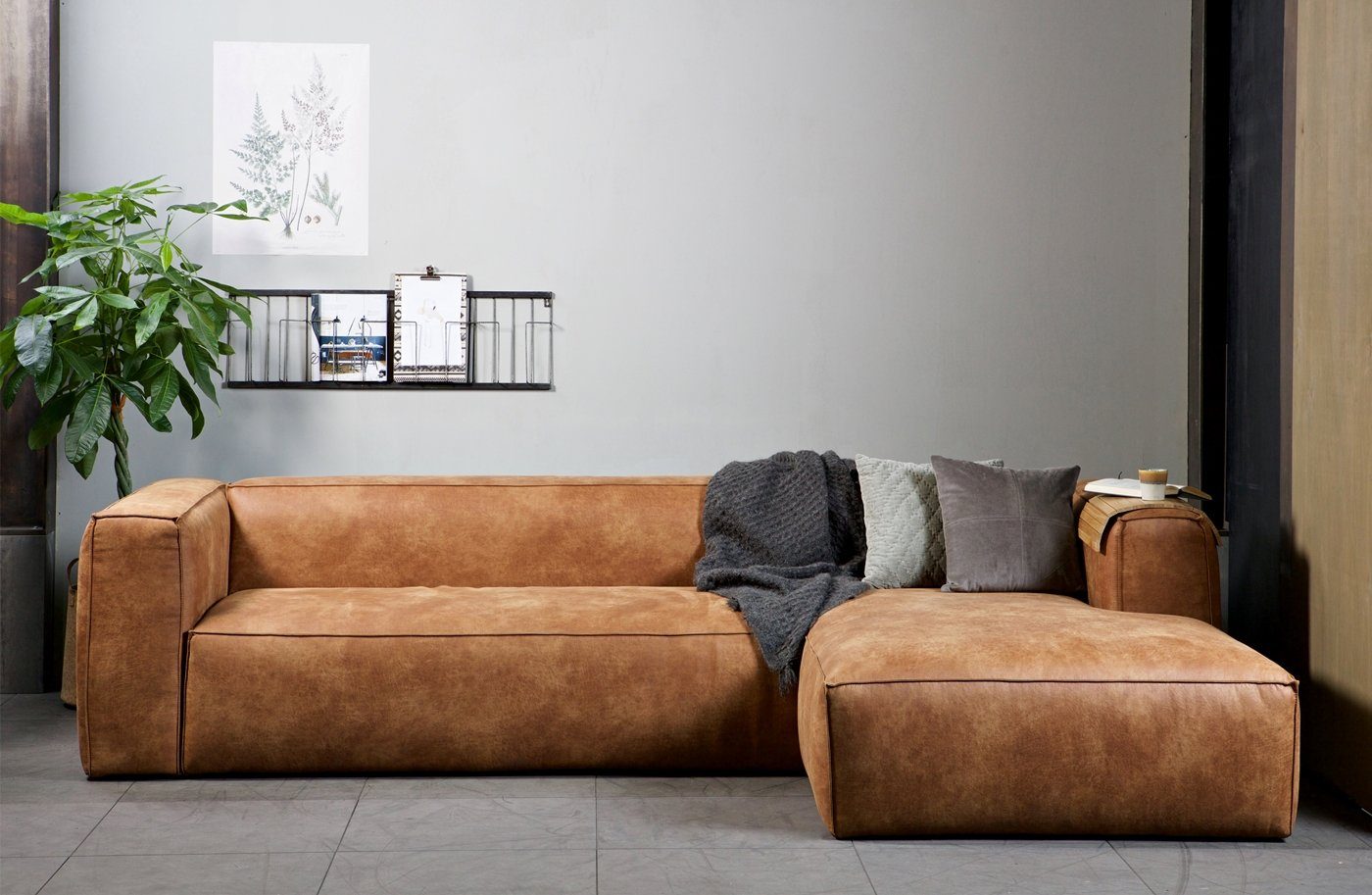 - Leder Bean WOOOD Ecksofa Rechts Longchair-Sofa freistellbar Cognac,