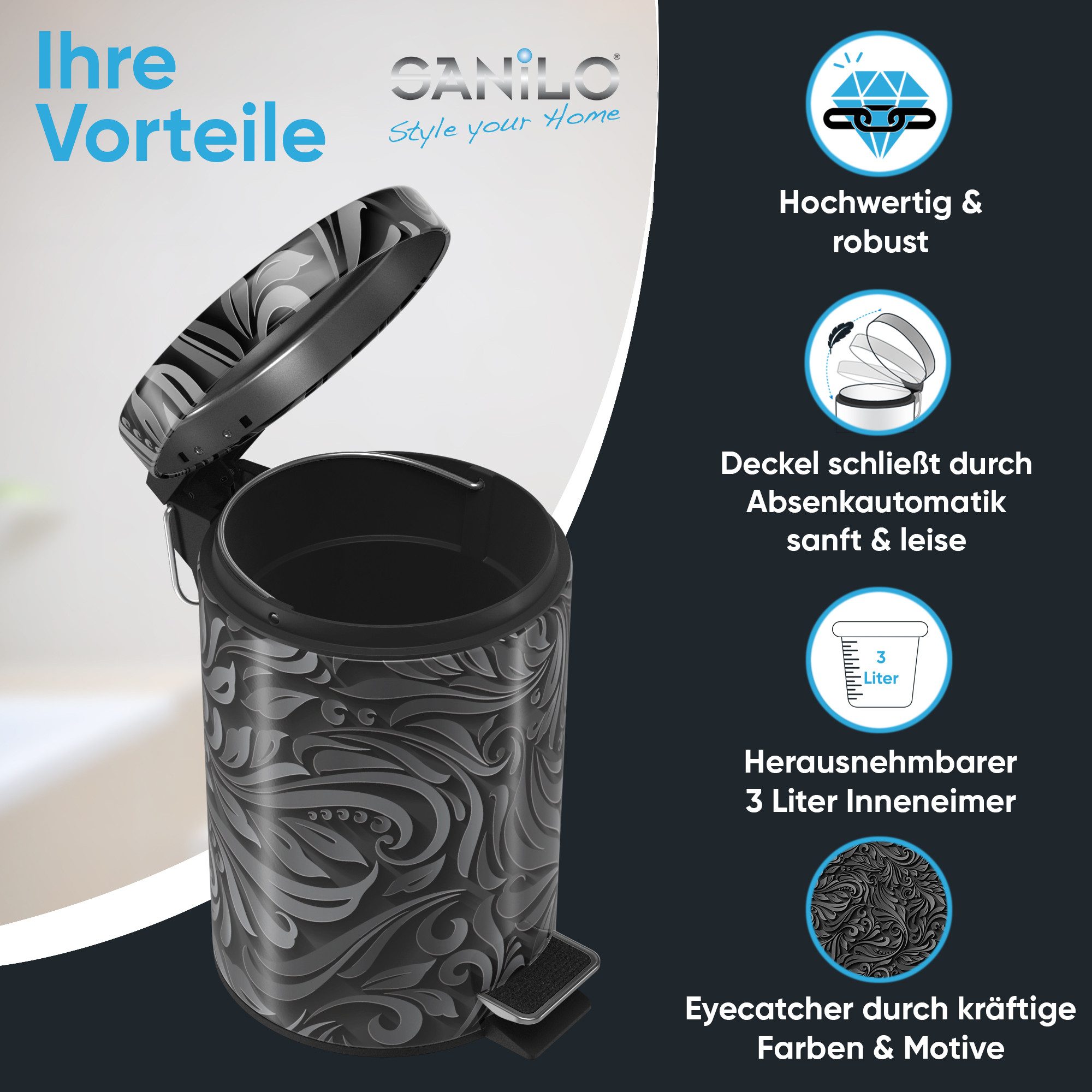 Sanilo Kosmetikeimer Floral, 3 Liter, Bad Mülleimer mit Absenkautomatik & Innenbehälter