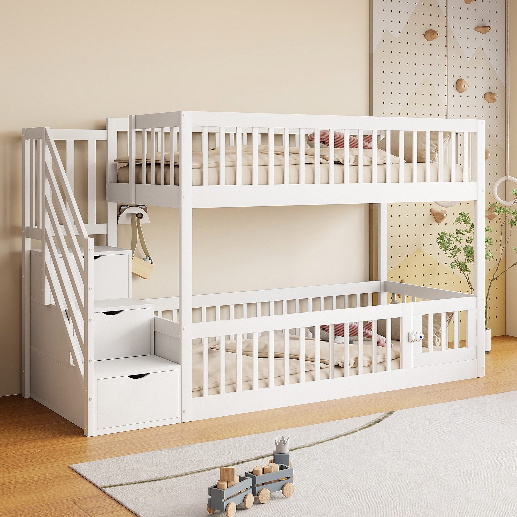 Flieks Etagenbett, Kinderbett 90x200cm mit Stauraumtreppe und oberem Lattenrost