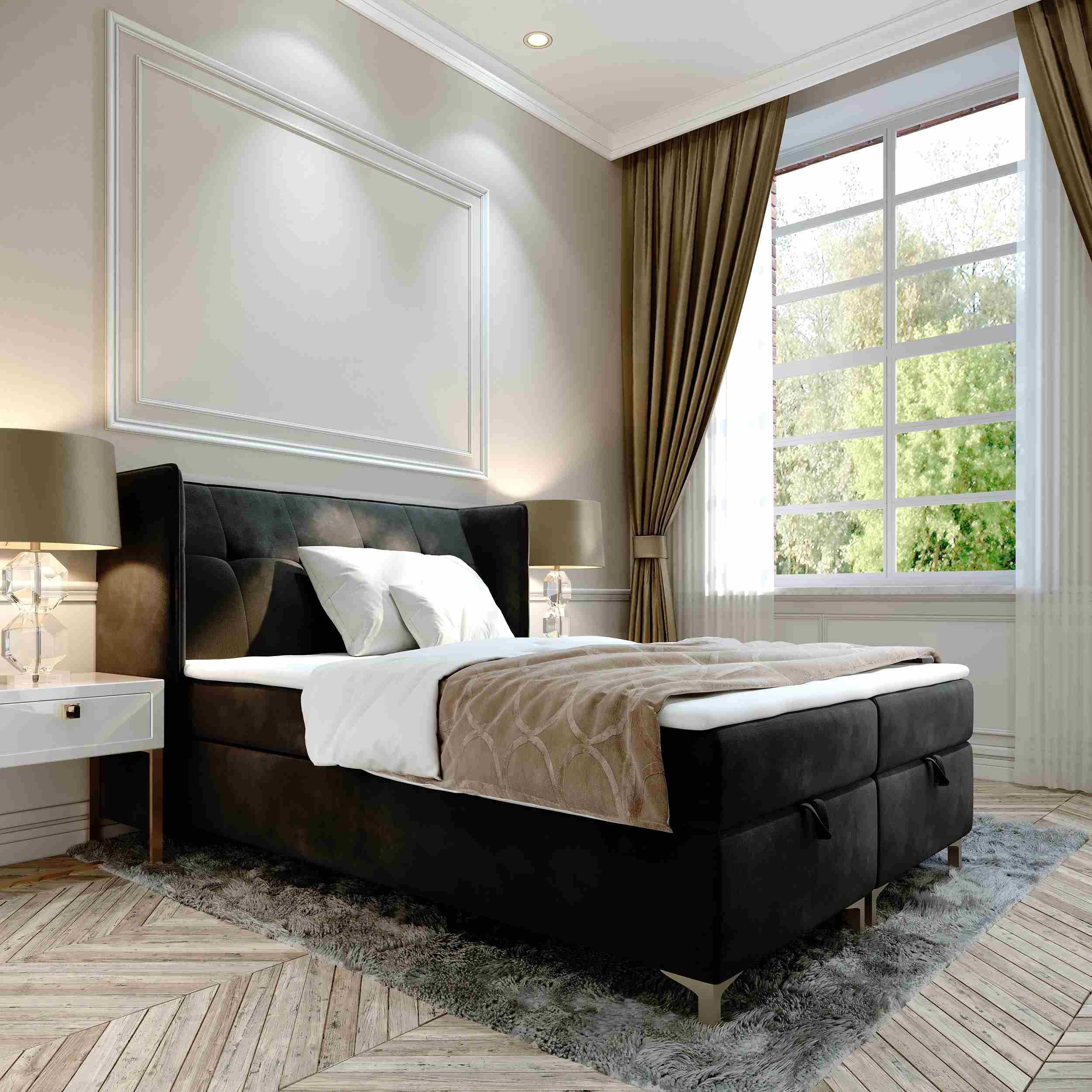 Furnix Polsterbett TOLIE 140,160, 180, 200x 200 cm Bett mit Bettkasten und Topper, wahlweise in 5 Größen und 7 Farben Schwarz