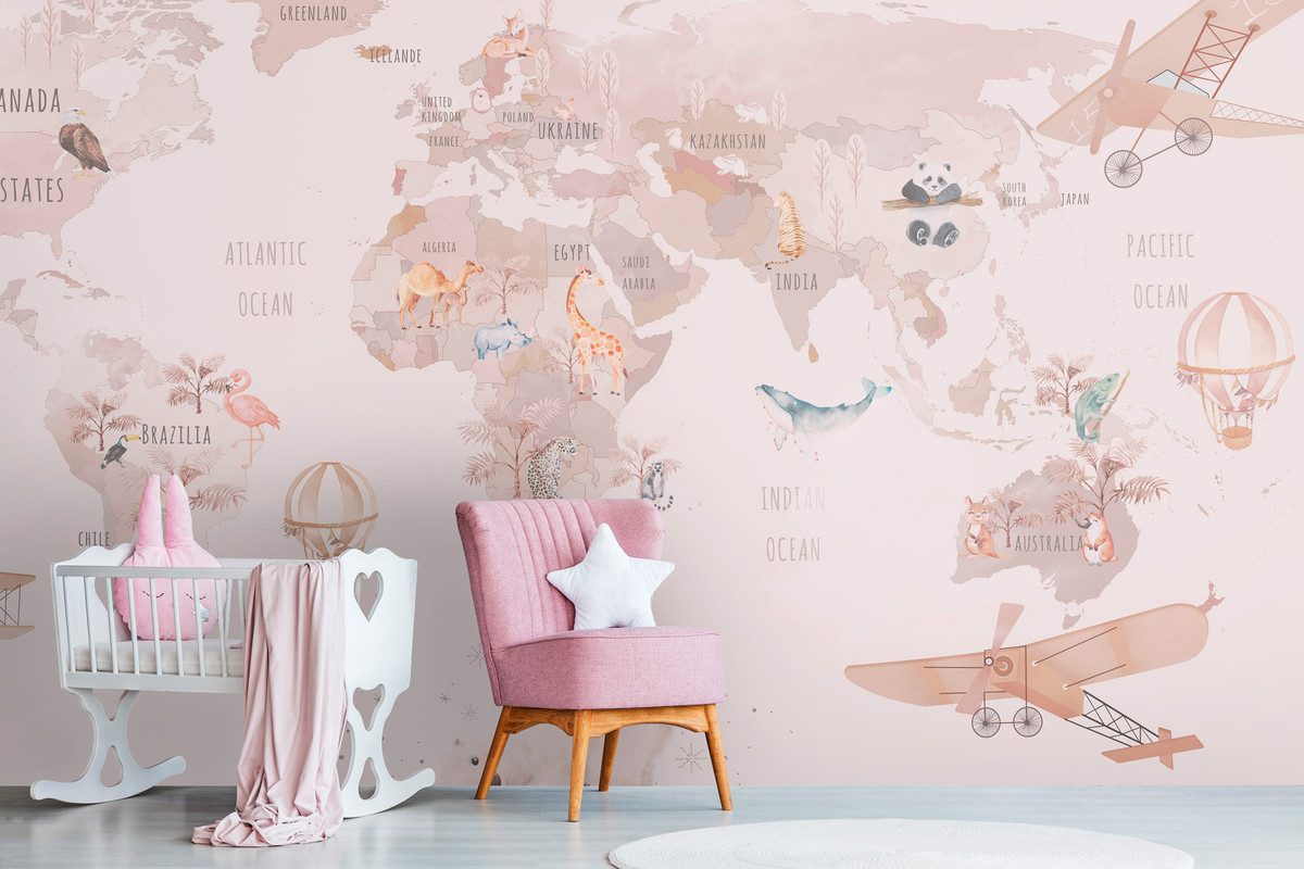 A.S. Création Vliestapete Kinderzimmer-Tapete Weltkarte Rosa Tiere Flugzeuge, glatt, matt, (1 St)