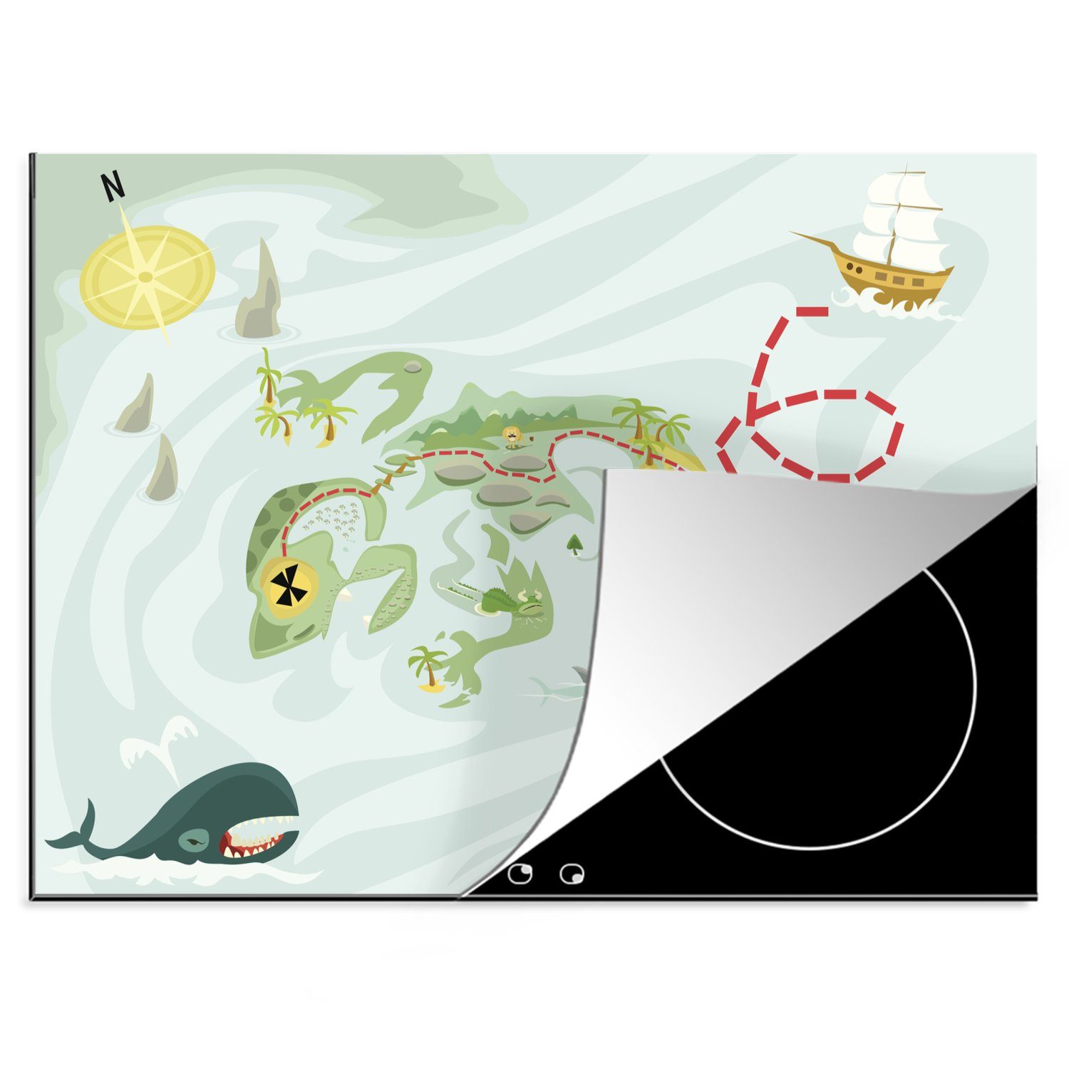 MuchoWow Herdblende-/Abdeckplatte Illustration einer Schatzkarte mit Pirateninsel für Kinder, Vinyl, (1 tlg), 70x52 cm, Mobile Arbeitsfläche nutzbar, Ceranfeldabdeckung