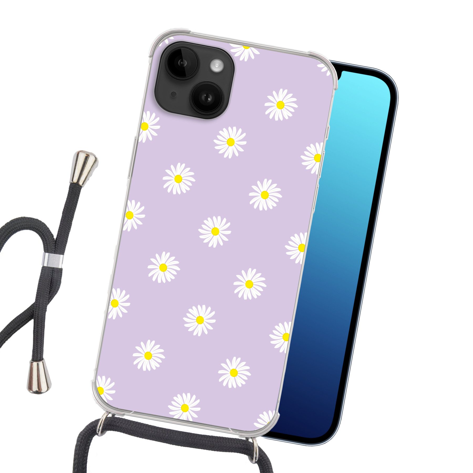 MuchoWow Handyhülle für Apple iPhone 14 Gänseblümchen - Pastell - Weiß - Lila - Blumen, Tragbare Handyhüllen mit Kette zum umhängen, Handykette Handyband