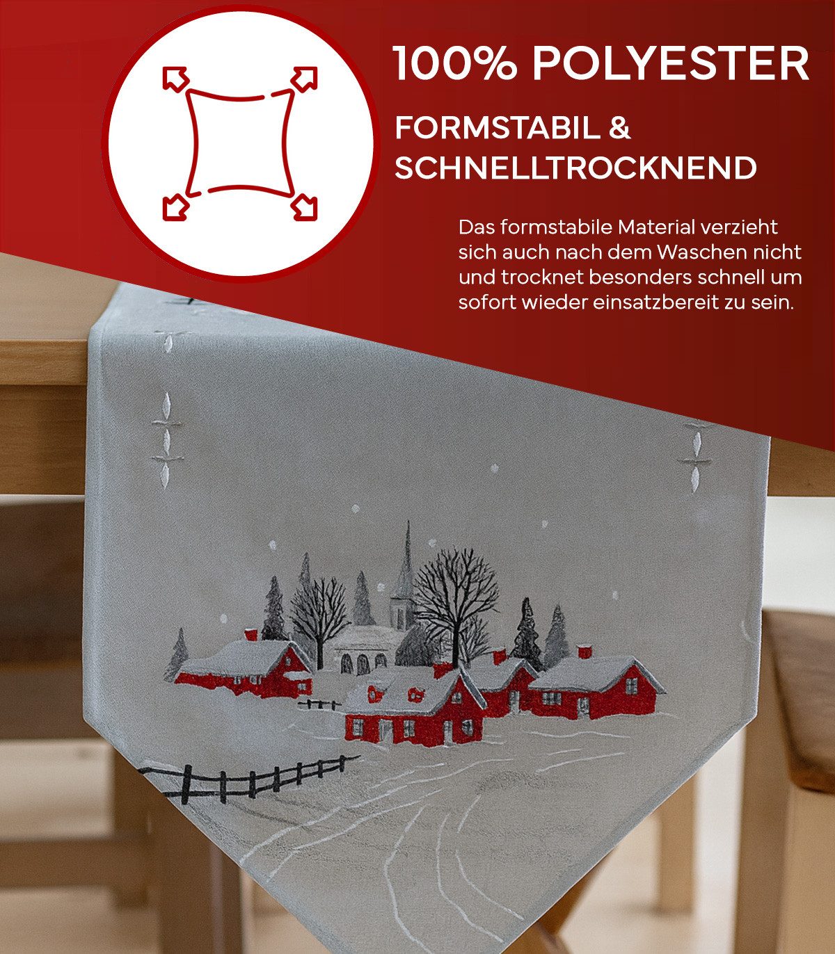 texpot Tischdecke Tischläufer Stickerei Dorf mit Kirche Tischtuch (1-tlg)