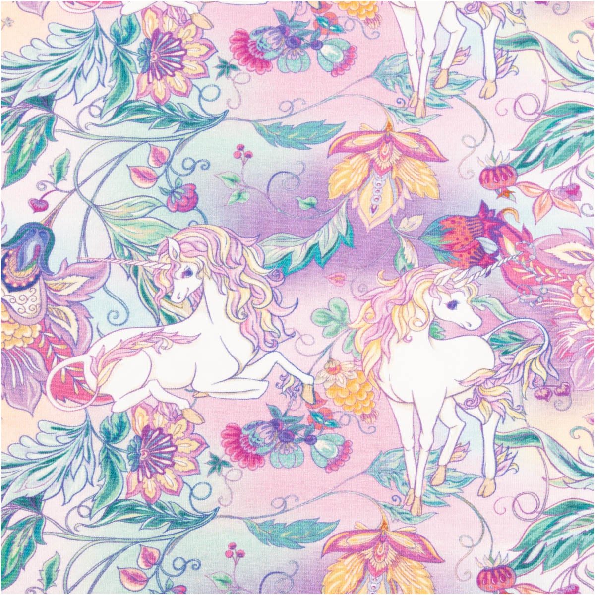 SCHÖNER LEBEN. Stoff Jersey Stoff Meterware Baumwolljersey Einhörner Blumen rosa lila 145cm, allergikergeeignet