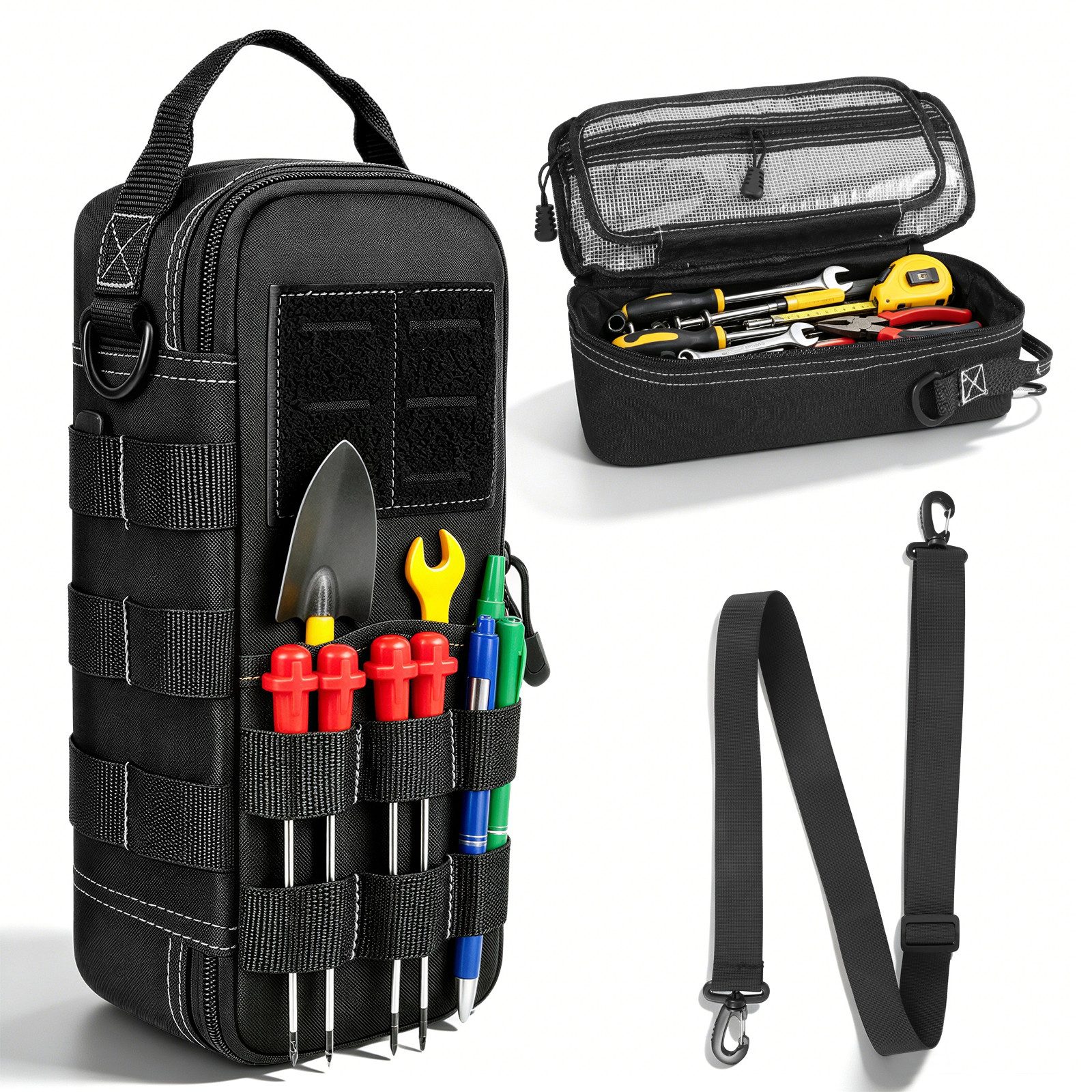 BlingBin Werkzeugtasche Robuste kleine taktische Werkzeugtasche mit Schultergurt & Karabiner (1er Set, 1-tlg., 11,4 × 9,5 × 30,5 cm), tragbare Aufbewahrungstasche für EDC, Elektriker, Motorrad, Roadtrip