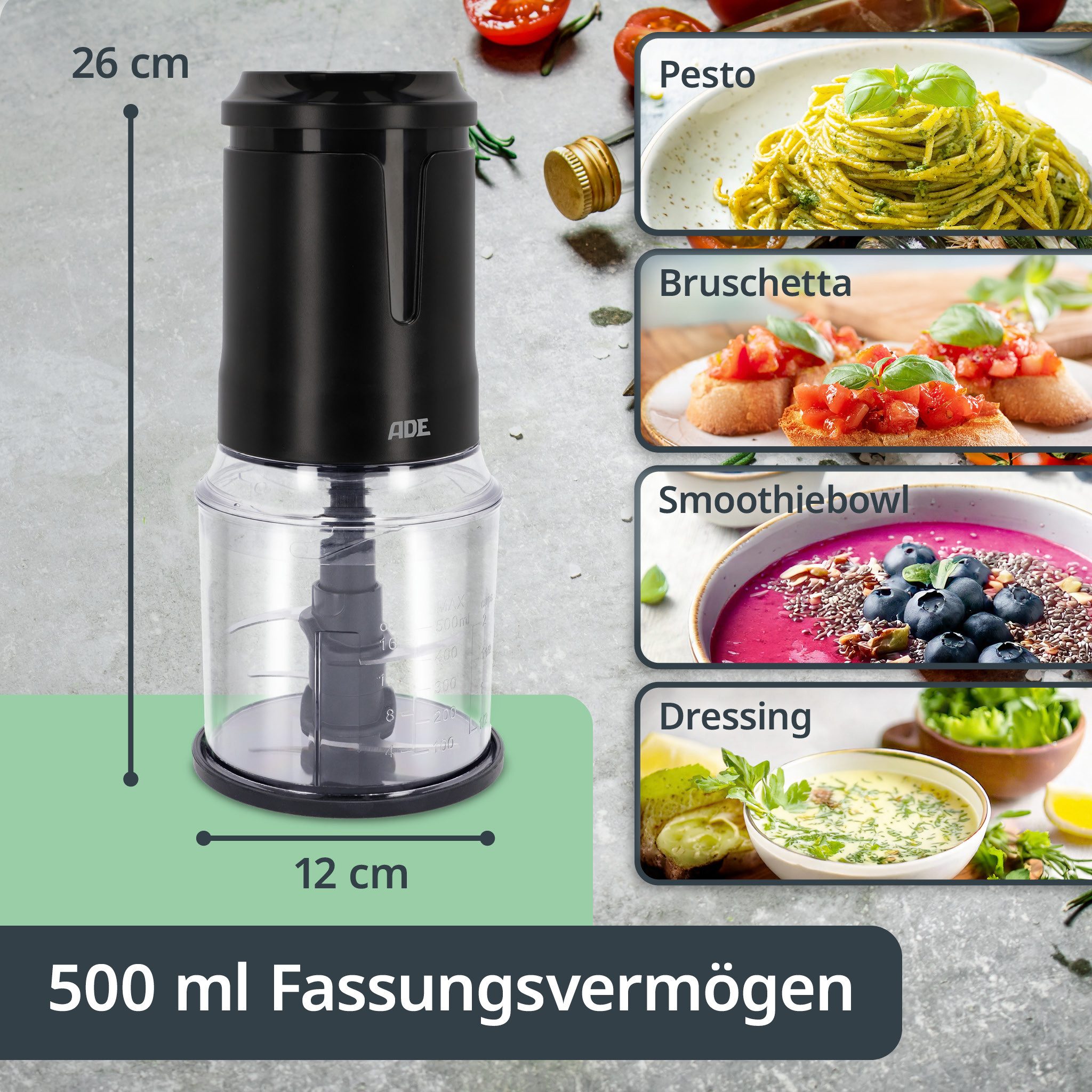 ADE Zerkleinerer Küche elektrisch, Gemüse- und Zwiebelschneider, 400 W, 4 scharfe Edelstahlklingen, 500 ml Kapazität