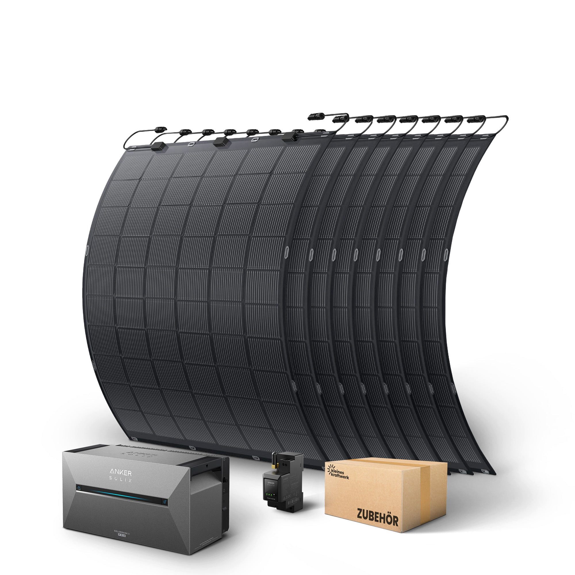 Kleines Kraftwerk Balkonkraftwerk, 1800 W, Monokristallin, (8-St., 0% MwSt für Privatkunden - Flexibles Balkonkraftwerk), mit Speicher Anker Solarbank 3 Pro, 8x225W flexible Solarmodule