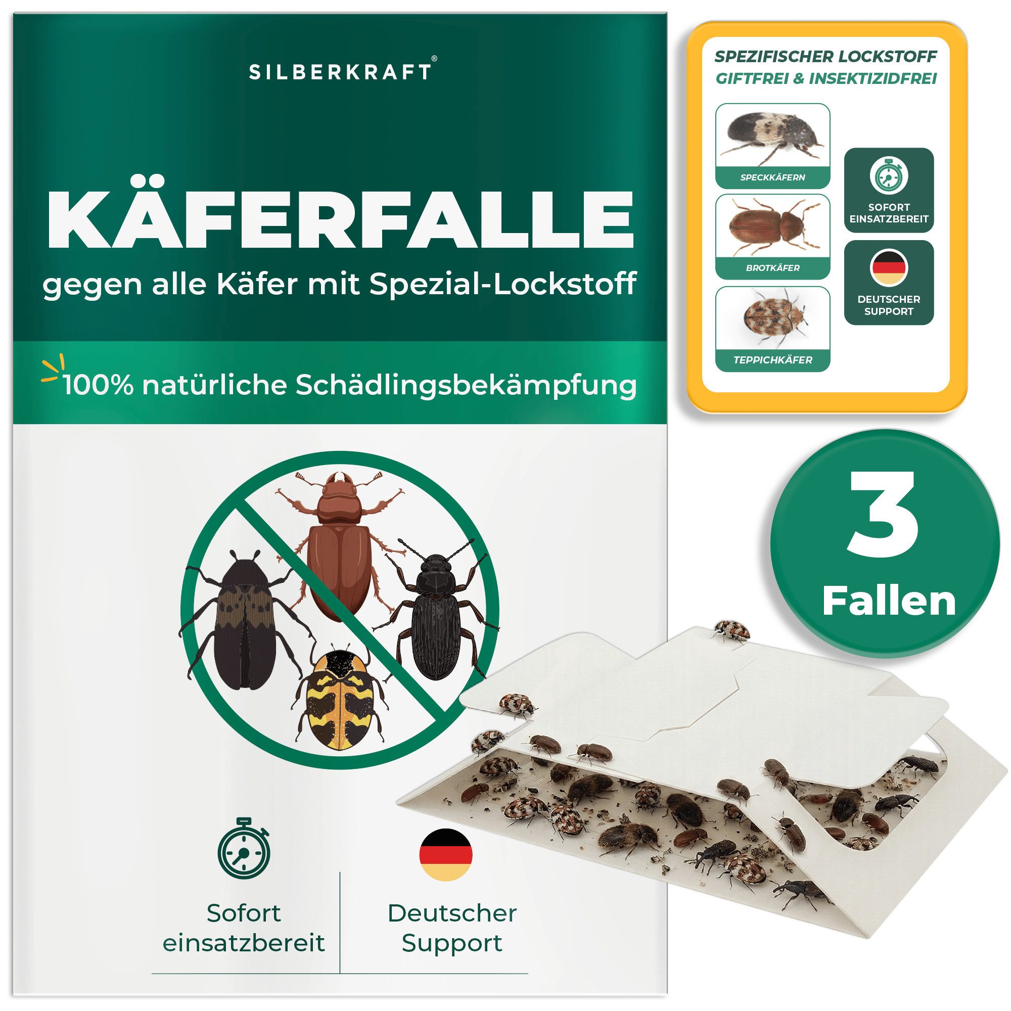 Silberkraft Insektenfalle Käferfalle gegen diverse Käfer mit Spezial-Lockstoff Langzeitschutz, Biozidfrei & Geruchslos Extrastarke klebefläche Gezielte Anlockung