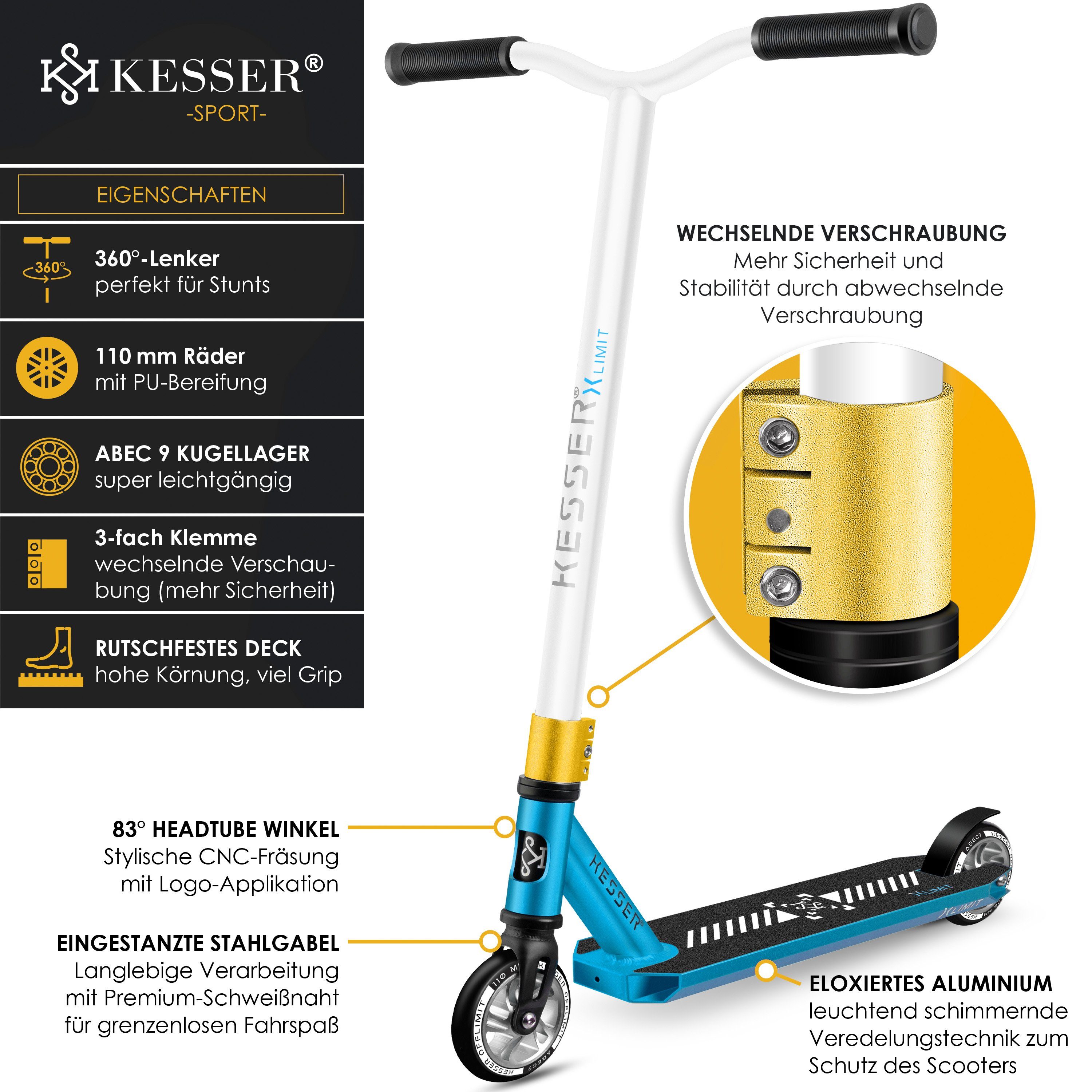 Scooter, Stunt Petrol Scooter Blue Lenkung / Funscooter KESSER 360° Stuntscooter White X-Limit-Pro