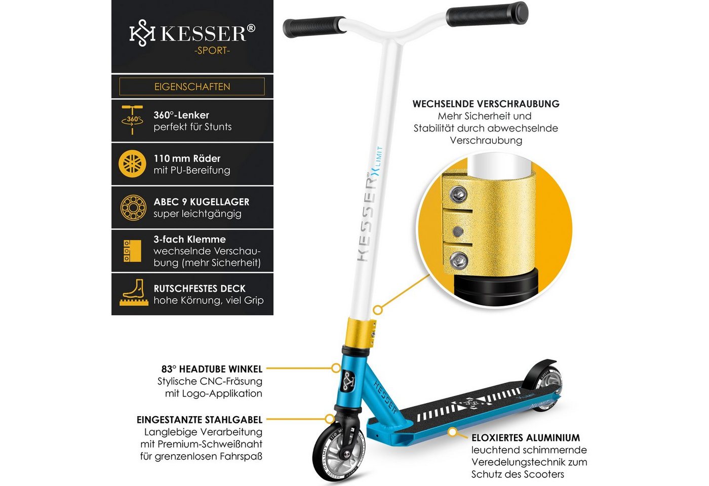 Thumbnail - KESSER Scooter, Stunt Scooter X-Limit-Pro 360° Lenkung Funscooter Stuntscooter
