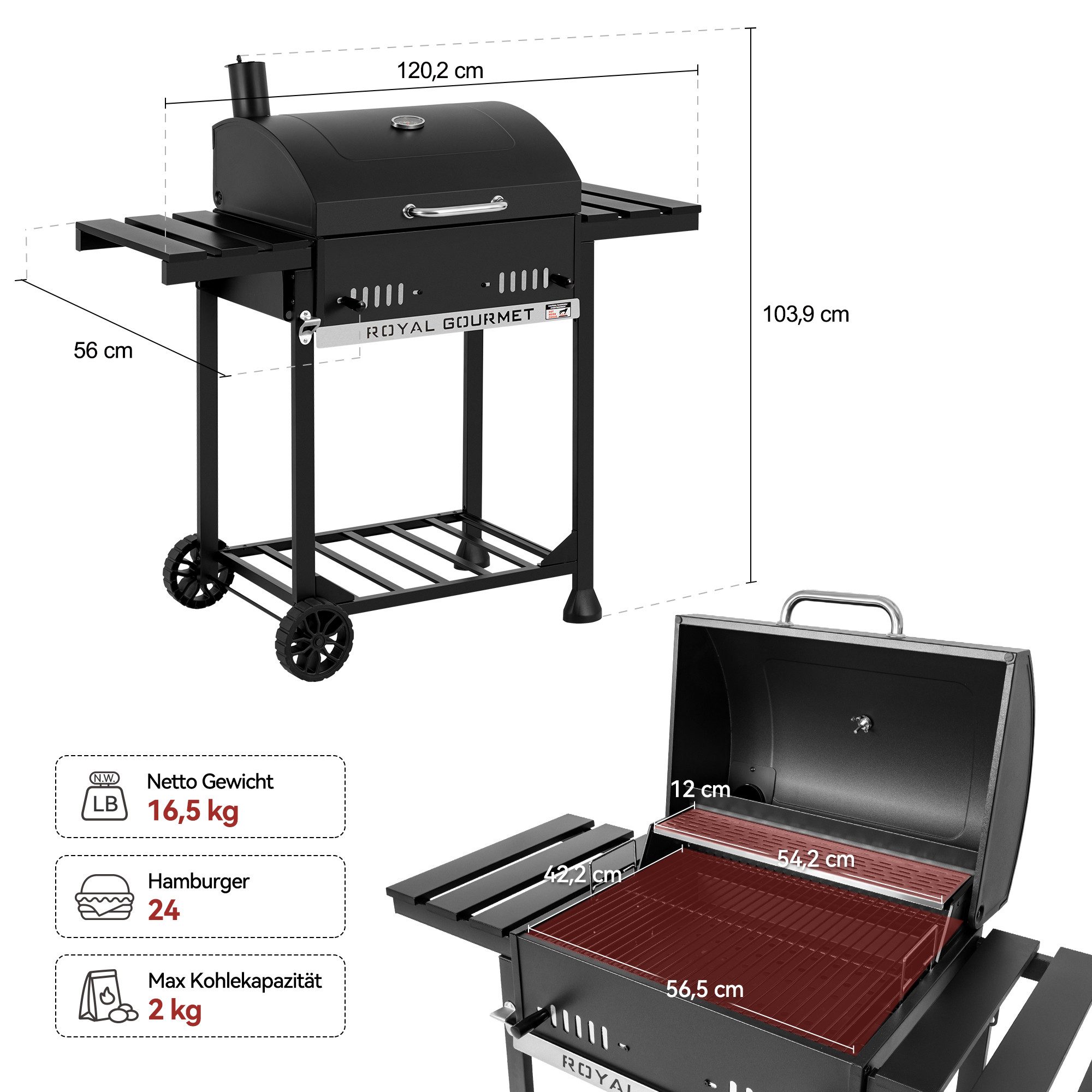 Royal Gourmet Holzkohlegrill Grillwagen mit klappbaren Seitenablagen, mit Decekl und Thermometer, schwarz