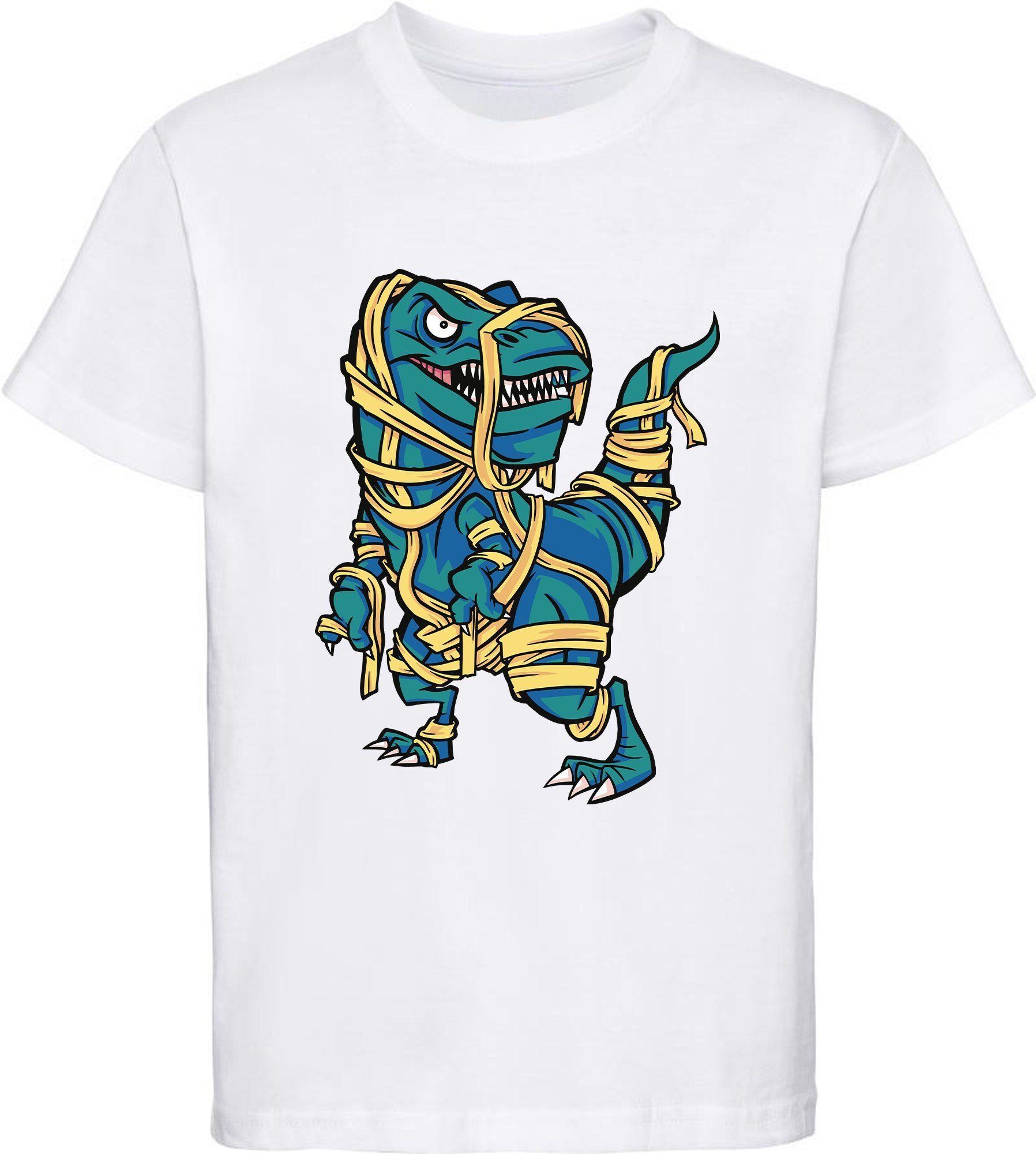 Print-Shirt bedrucktes Kinder T-Shirt T-Rex in Papier eingewickelt