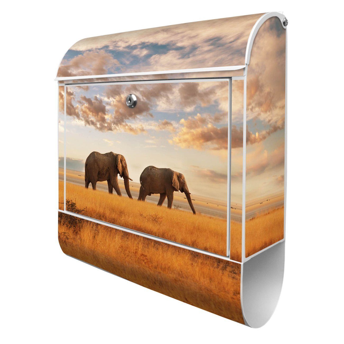 banjado Wandbriefkasten Stahl Elefanten (Wandbriefkasten witterungsbeständig, pulverbeschichtet, mit Zeitungsfach), 39 x 47 x 14cm weiß