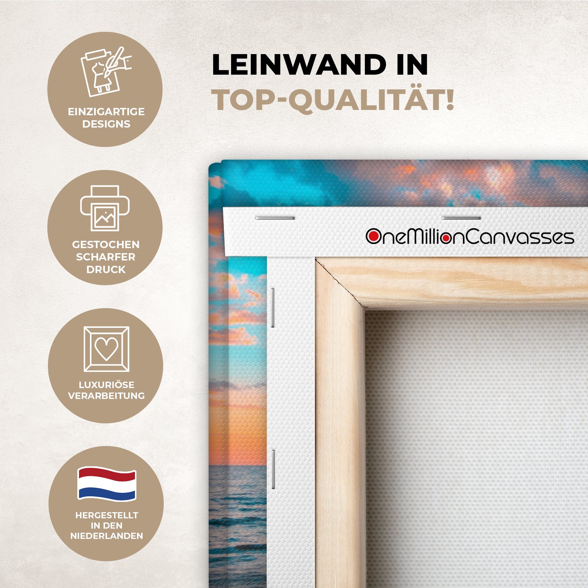 OneMillionCanvasses® Leinwandbild Palme - Sonnenuntergang - Horizont - Strand - Meer - Tropisch, Fotodruck (1 St), Leinwand Bilder Klein, Wand Dekoration Aesthetic 30x20 cm