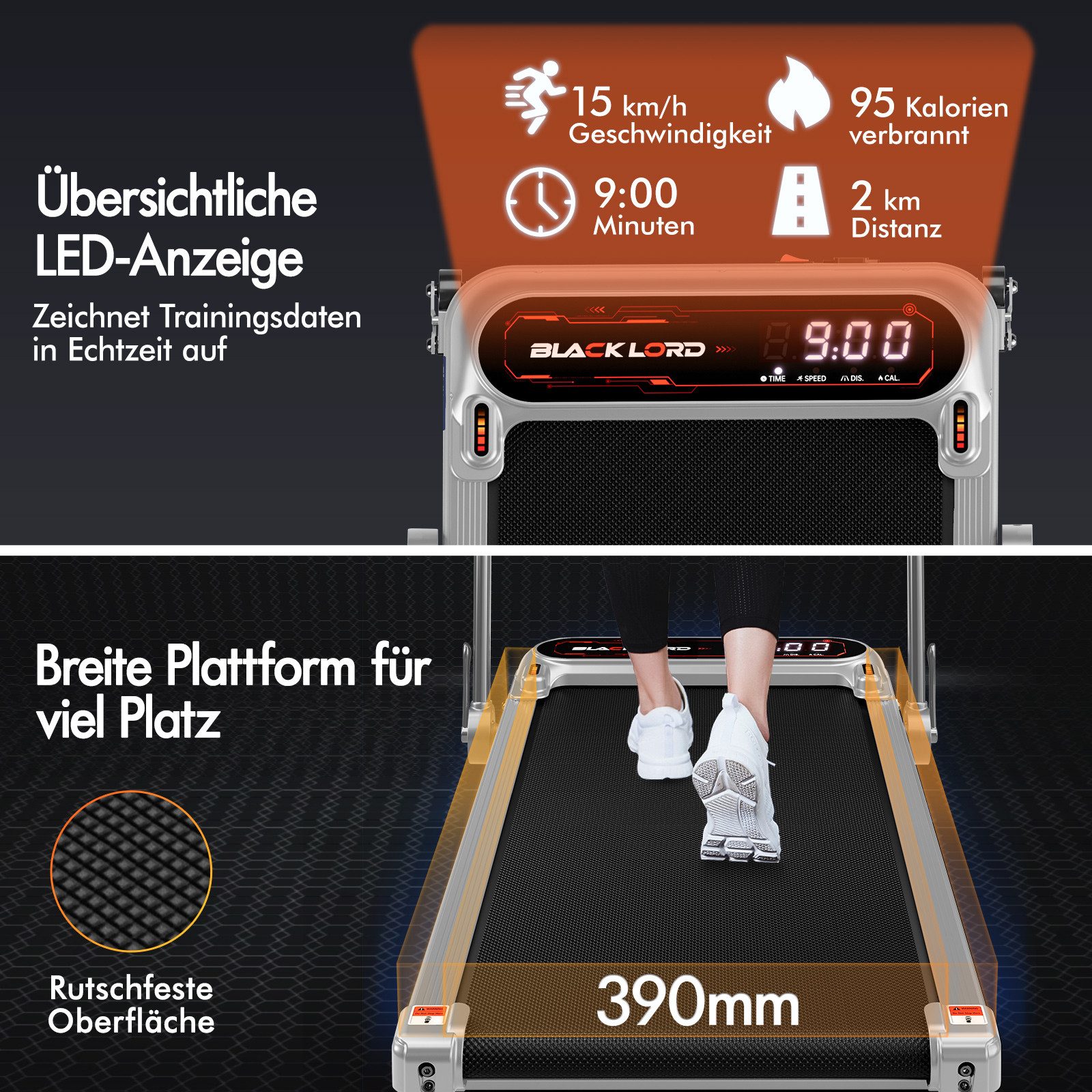 BLACK LORD Laufband 3,0PS Motor, 12 km/h, mit Steigung, Bluetooth App Steuerung, 390mm, 3 Stufen Neigung, LED Display, Fernbedienung, Untertisch