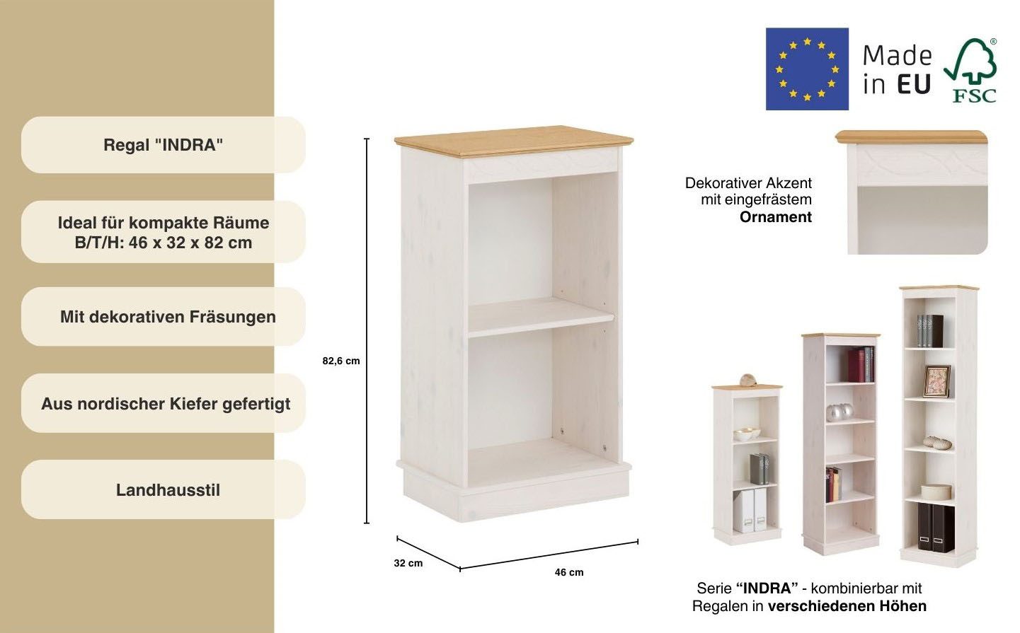 OTTO home Bücherregal Indra, aus massiver Kiefer, in verscheidenen Höhen, mit FSC®