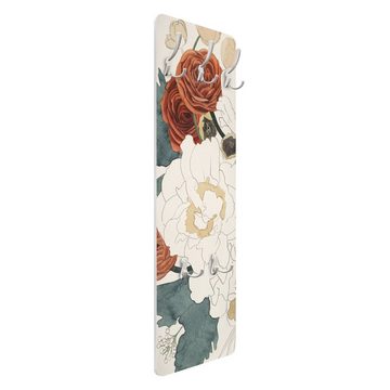 Bilderdepot24 Garderobenpaneel rot Aquarell Blumen Floral Zeichnung Blumenbouquet in Rot und Sepia (ausgefallenes Flur Wandpaneel mit Garderobenhaken Kleiderhaken hängend), moderne Wandgarderobe - Flurgarderobe im schmalen Hakenpaneel Design