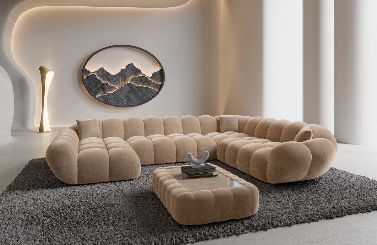 Sofa Dreams Wohnlandschaft Maleron XXL Polster Couch, Stoffsofa, 6-Sitzer, Ottomane links, Samtstoff in Beige