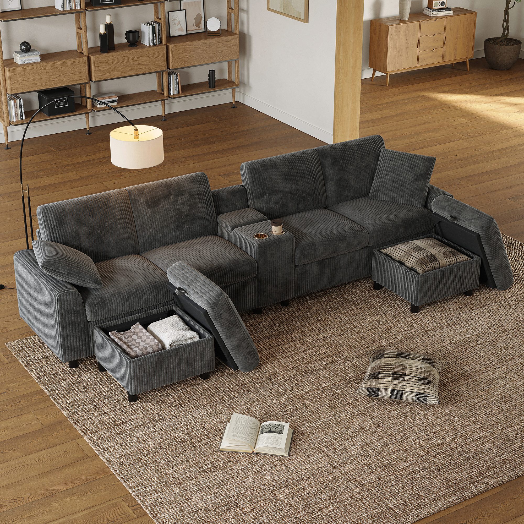 Odikalo Big-Sofa Wohnlandschaft U-Form mit Hockern & Couchtisch, Stauraum Lade-Funktion