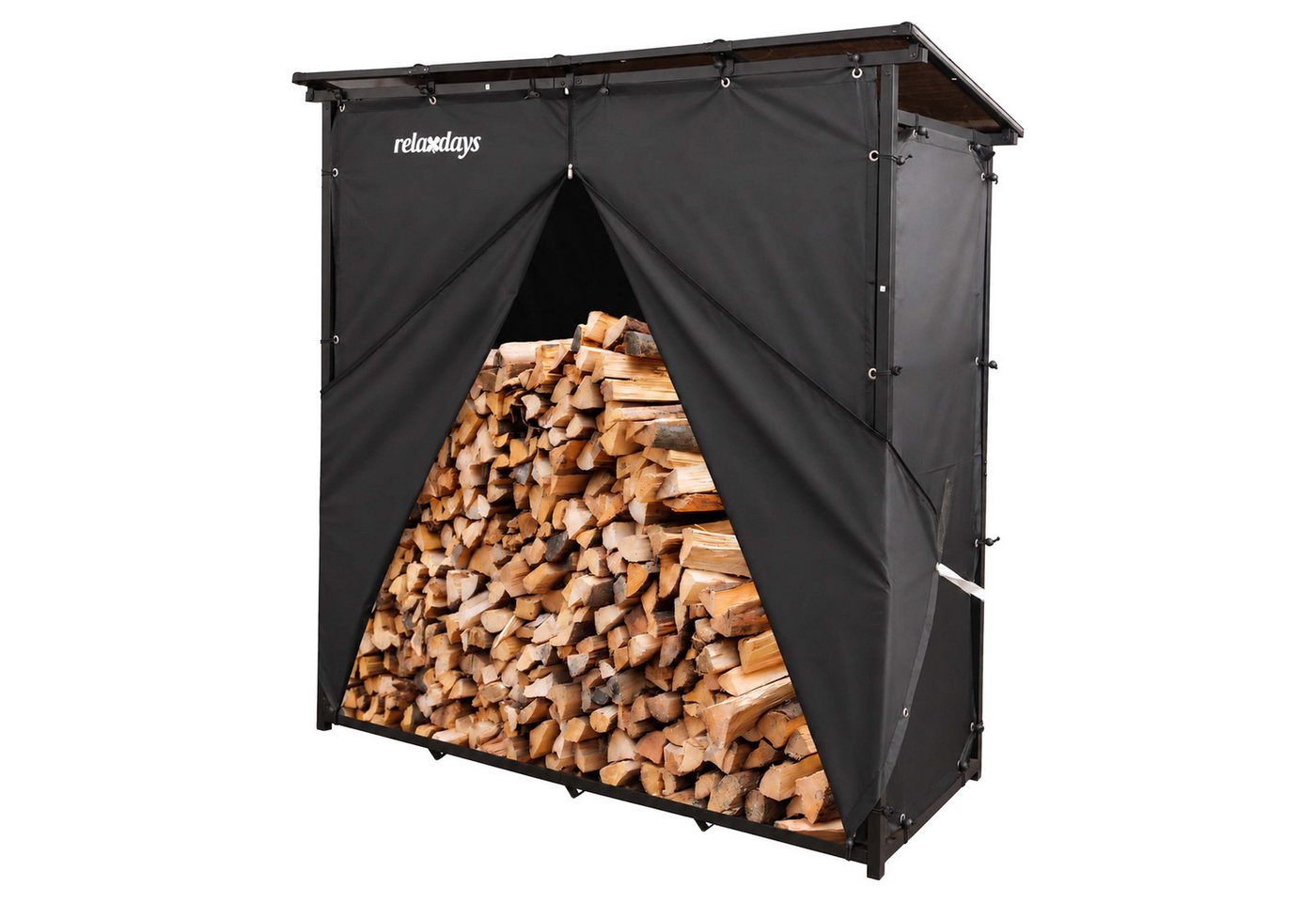 relaxdays Kaminholzregal mit Dach & Abdeckung, BxTxH:185x70x185 cm, schwarz