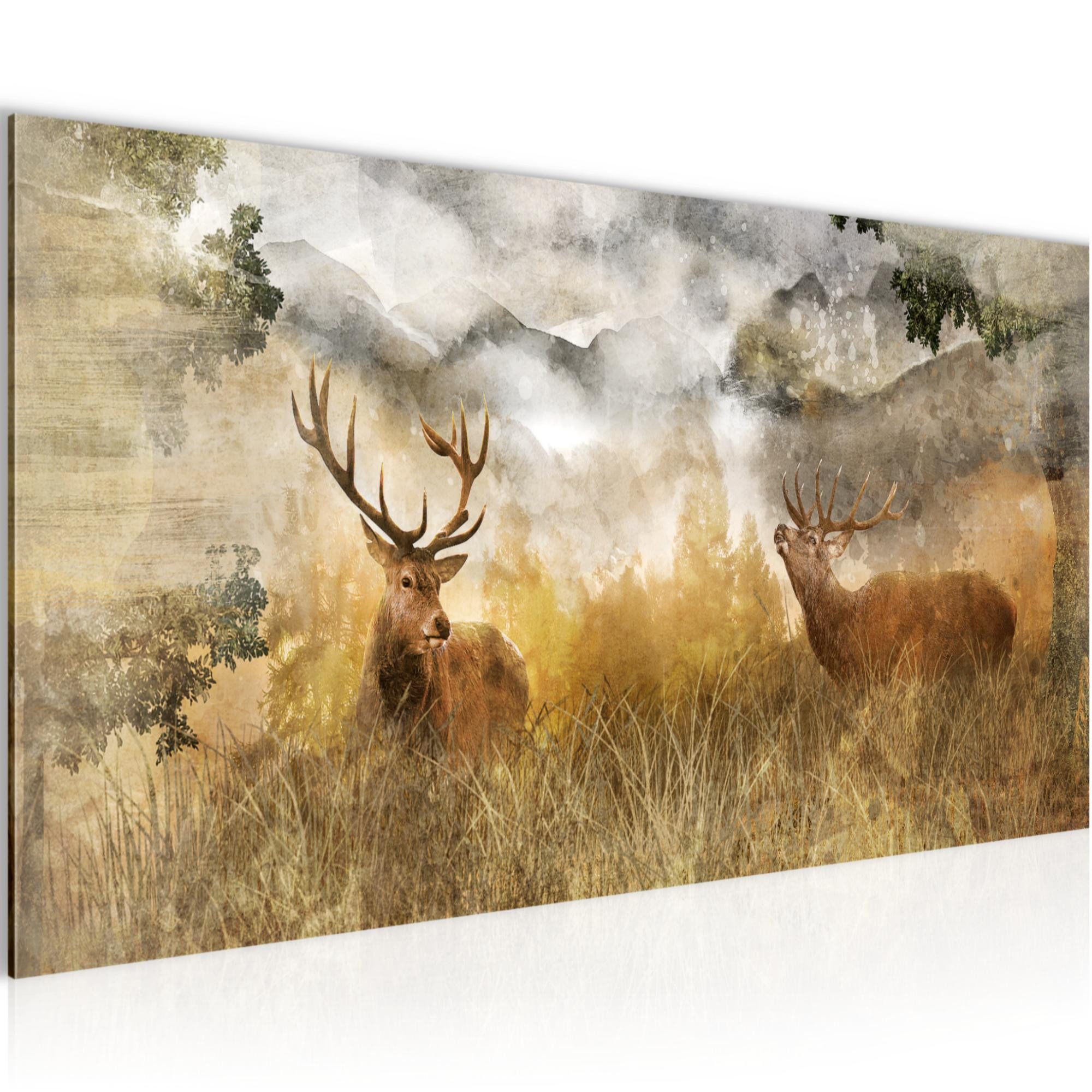 Runa Art Wandbild Hirsch Natur Modern Bild auf Vlies Leinwand Hirschmotiv Braun 0114, 100L x 40B cm