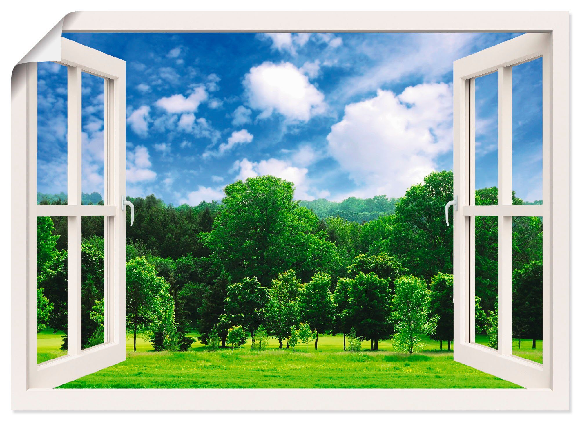 St), versch. Fensterblick Wandbild oder Artland Wald, Größen Wandaufkleber (1 Poster Leinwandbild, - Fensterblick Grüner als in