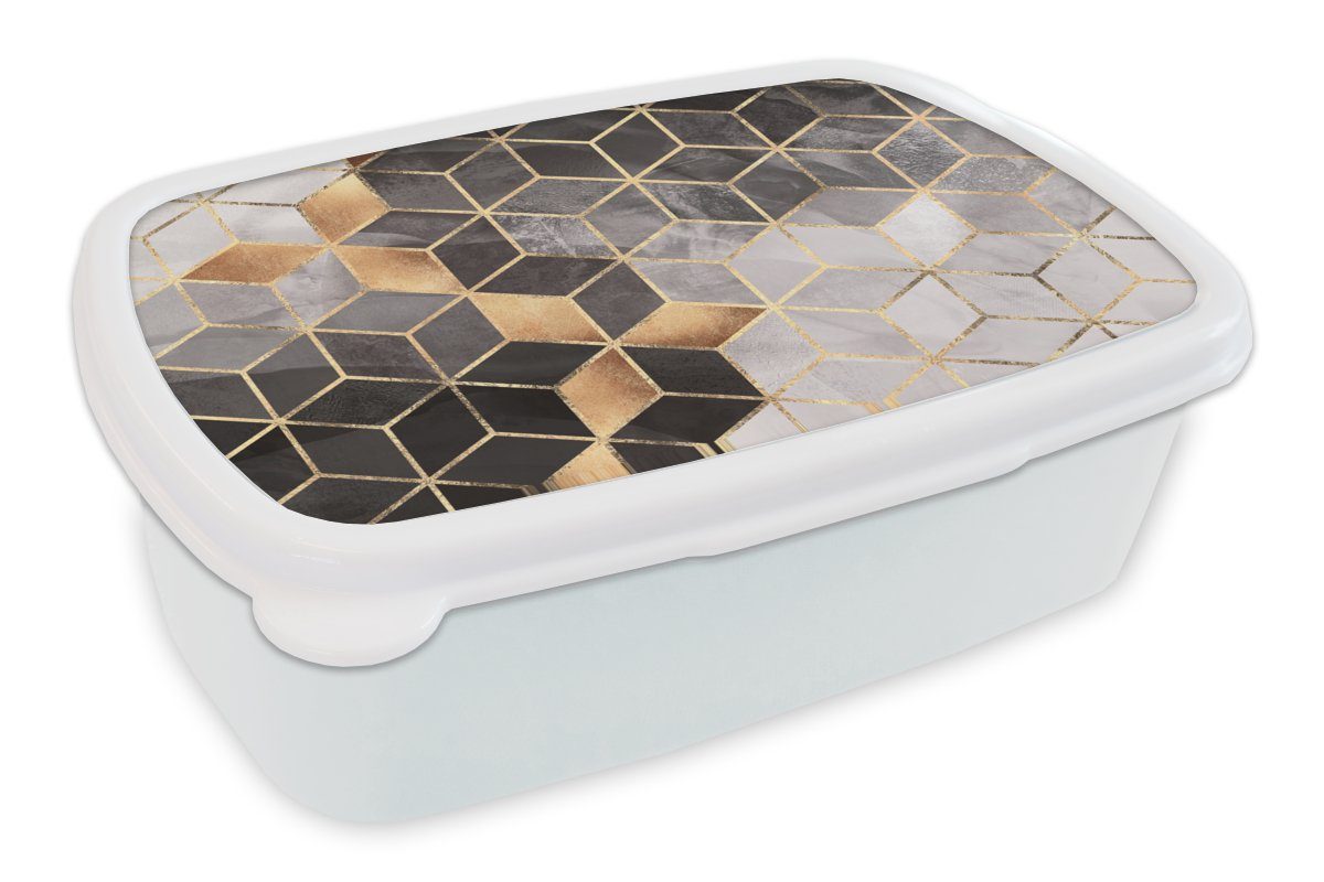 MuchoWow Lunchbox Abstrakt - Würfel - Gold - Muster - Schwarz - Weiß, Kunststoff, (2-tlg), Brotbox für Kinder und Erwachsene, Brotdose, für Jungs und Mädchen