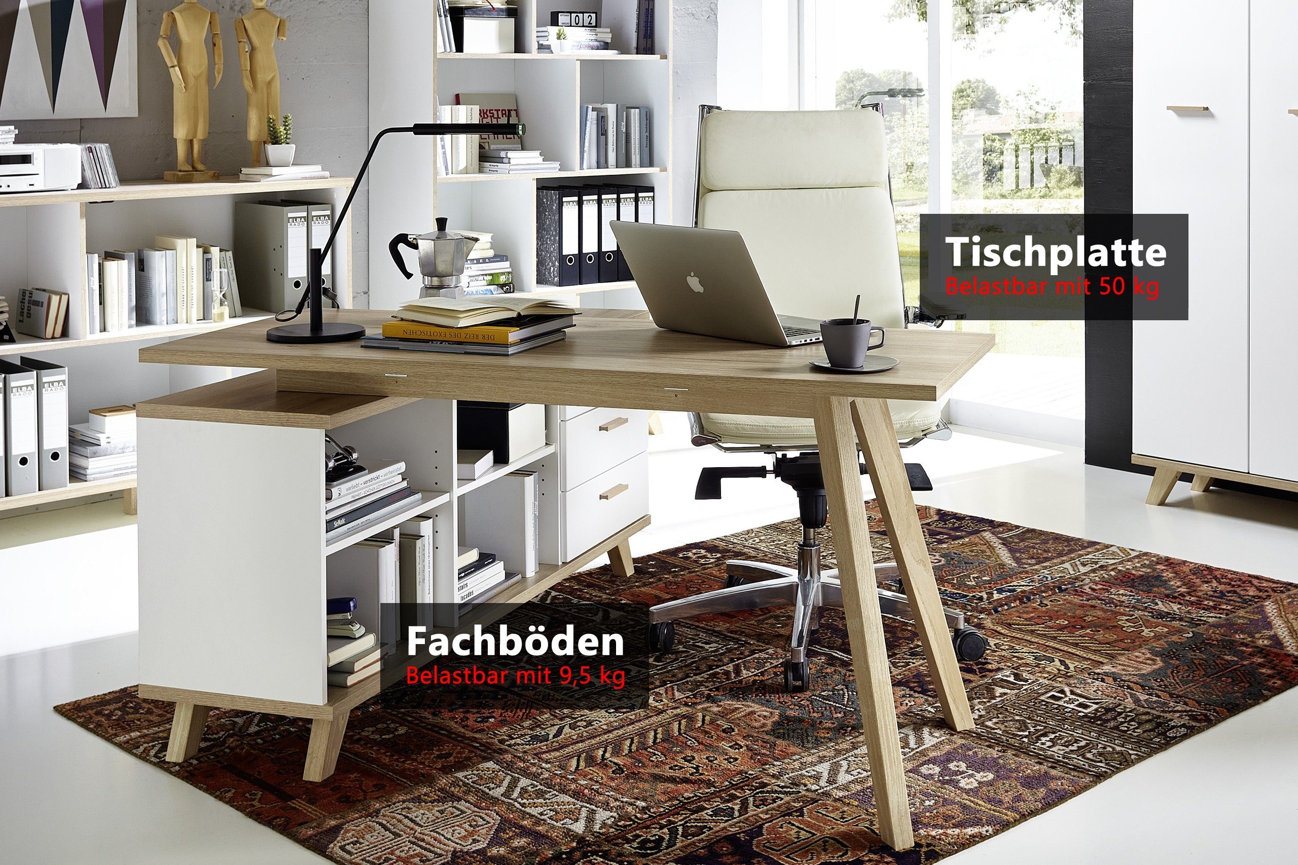 snowoak, in Weiß/Eiche Schreibtisch integriertem Sideboard mit Bürotisch bümö