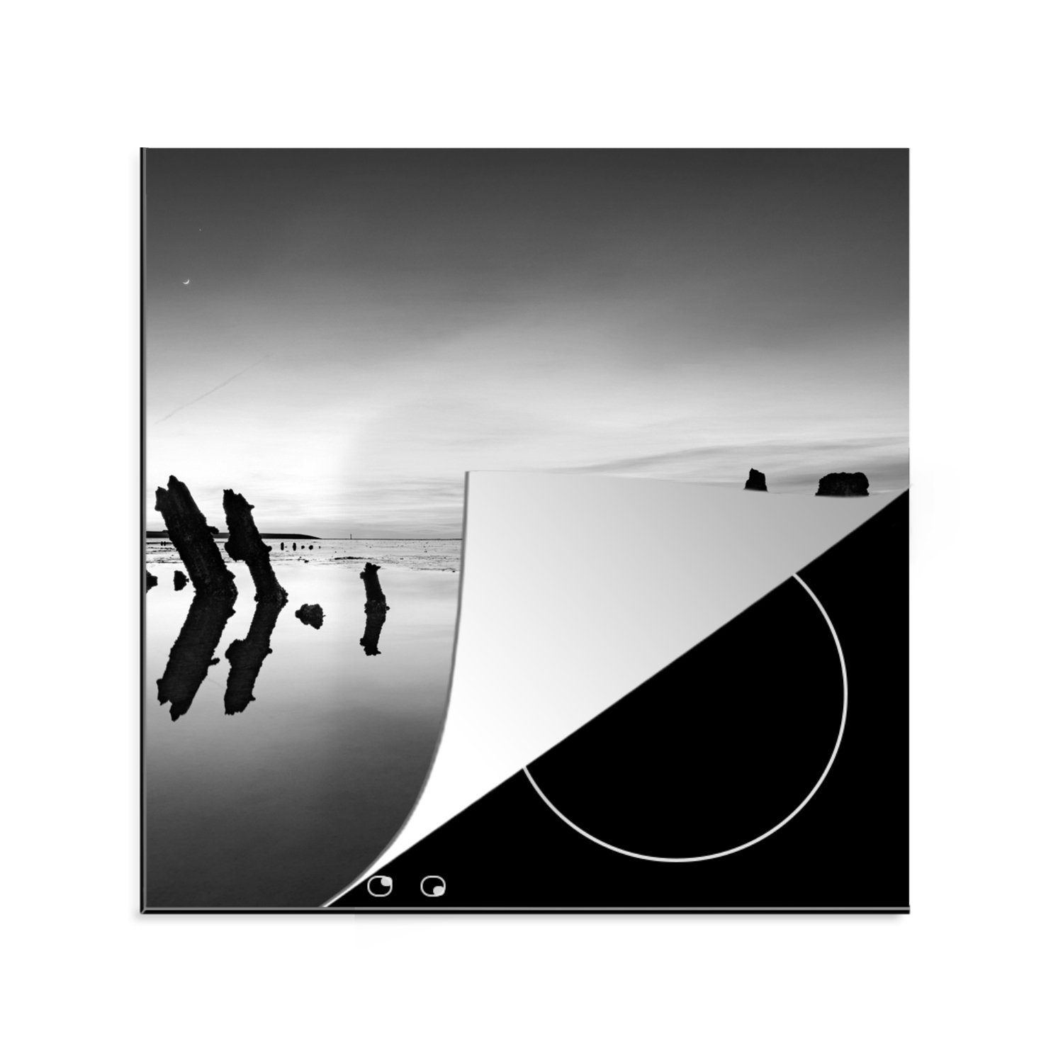 MuchoWow Herdblende-/Abdeckplatte Wattenmeer - Schwarz - Weiß - Holz, Vinyl, (1 tlg), 78x78 cm, Ceranfeldabdeckung, Arbeitsplatte für küche