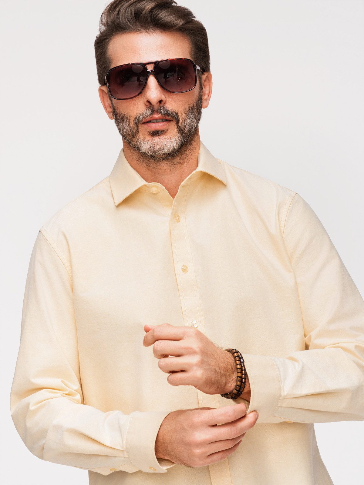 OMBRE Langarmhemd Herren Oxford Langarmhemd Regular Fit Light yellow M (kein Set, 1-tlg) Melange-Oberfläche