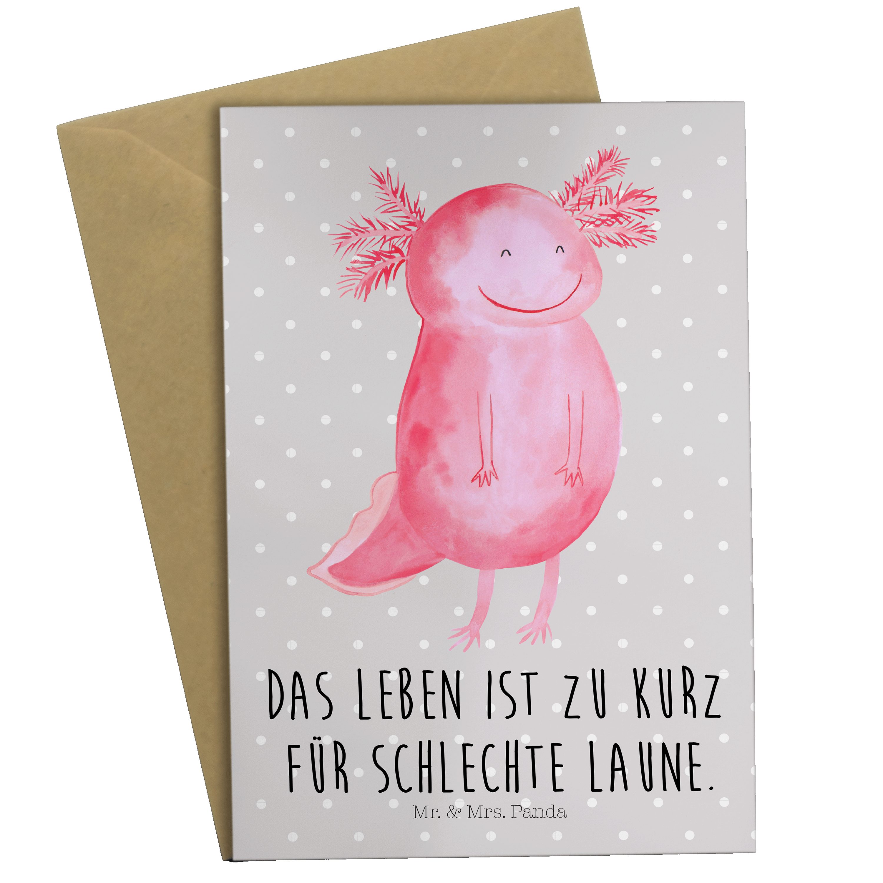 Mr. & Mrs. Panda Grußkarte Axolotl glücklich - Grau Pastell - Geschenk, Geburtstagskarte, Schwan